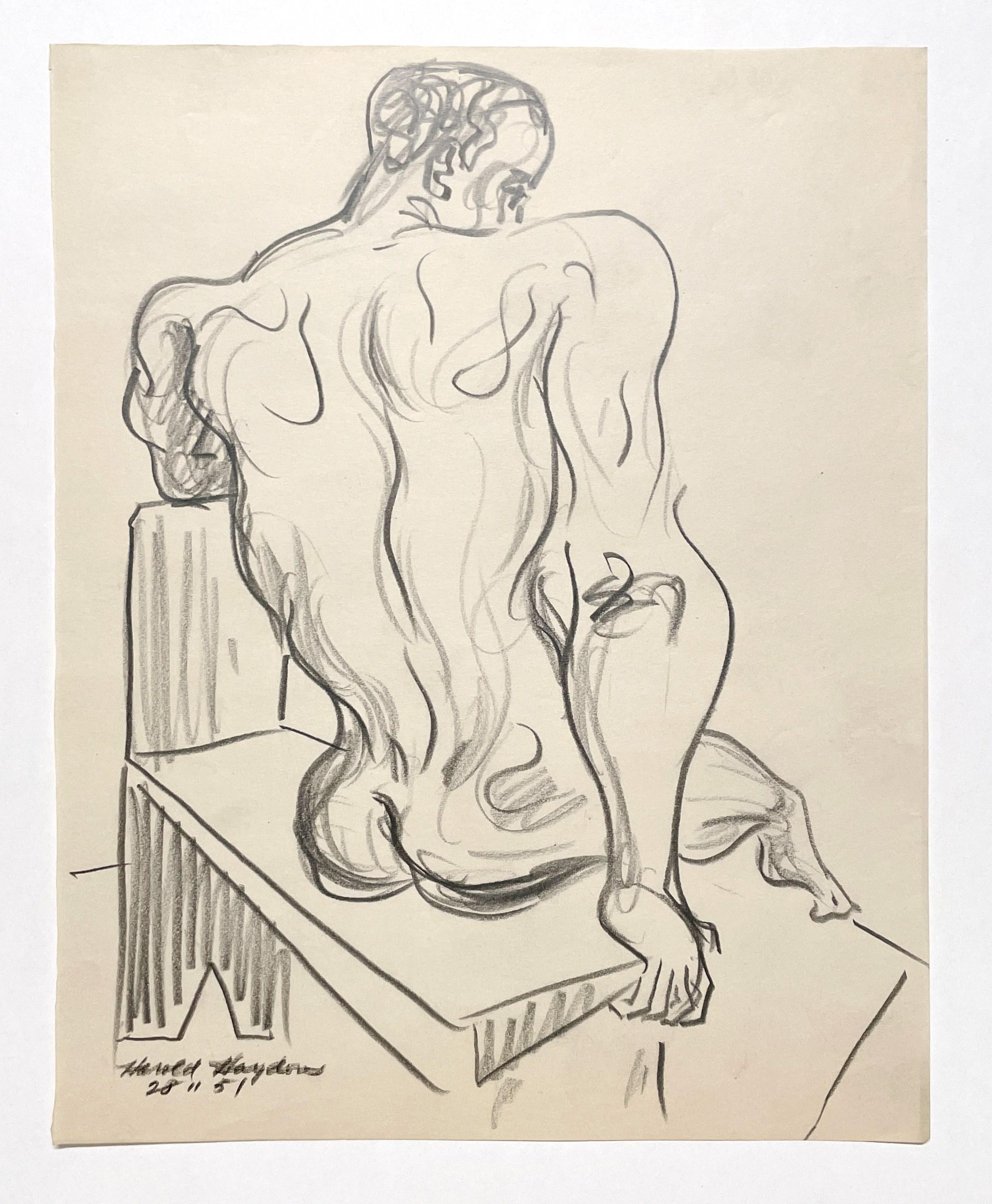 Eine schöne, moderne Figurenstudie aus der Mitte des Jahrhunderts 1950, sitzendes schwarzes männliches Aktmodell (Amerikanische Moderne), Art, von Harold Haydon