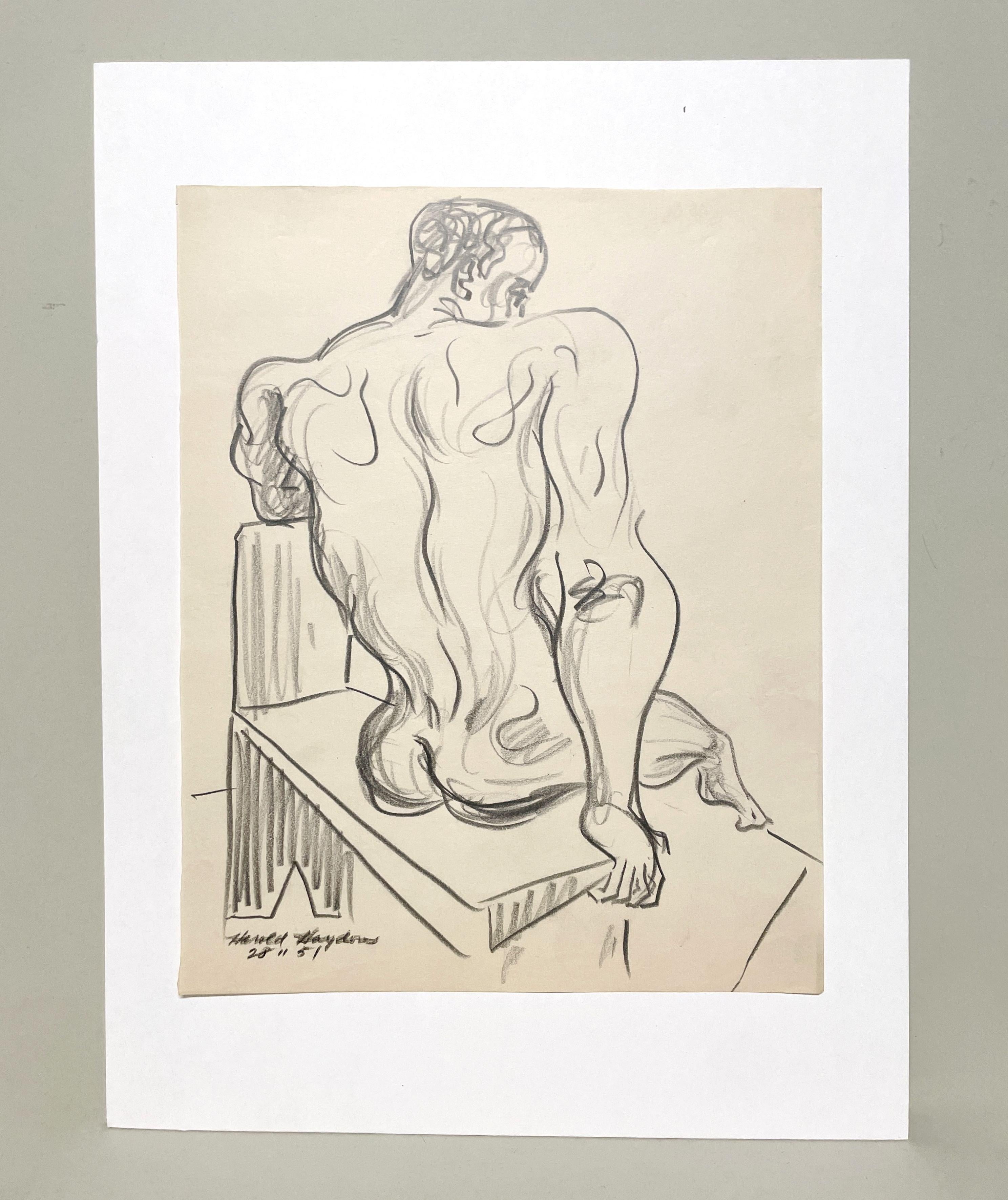 Eine schöne, moderne Figurenstudie aus der Mitte des Jahrhunderts 1950, sitzendes schwarzes männliches Aktmodell – Art von Harold Haydon