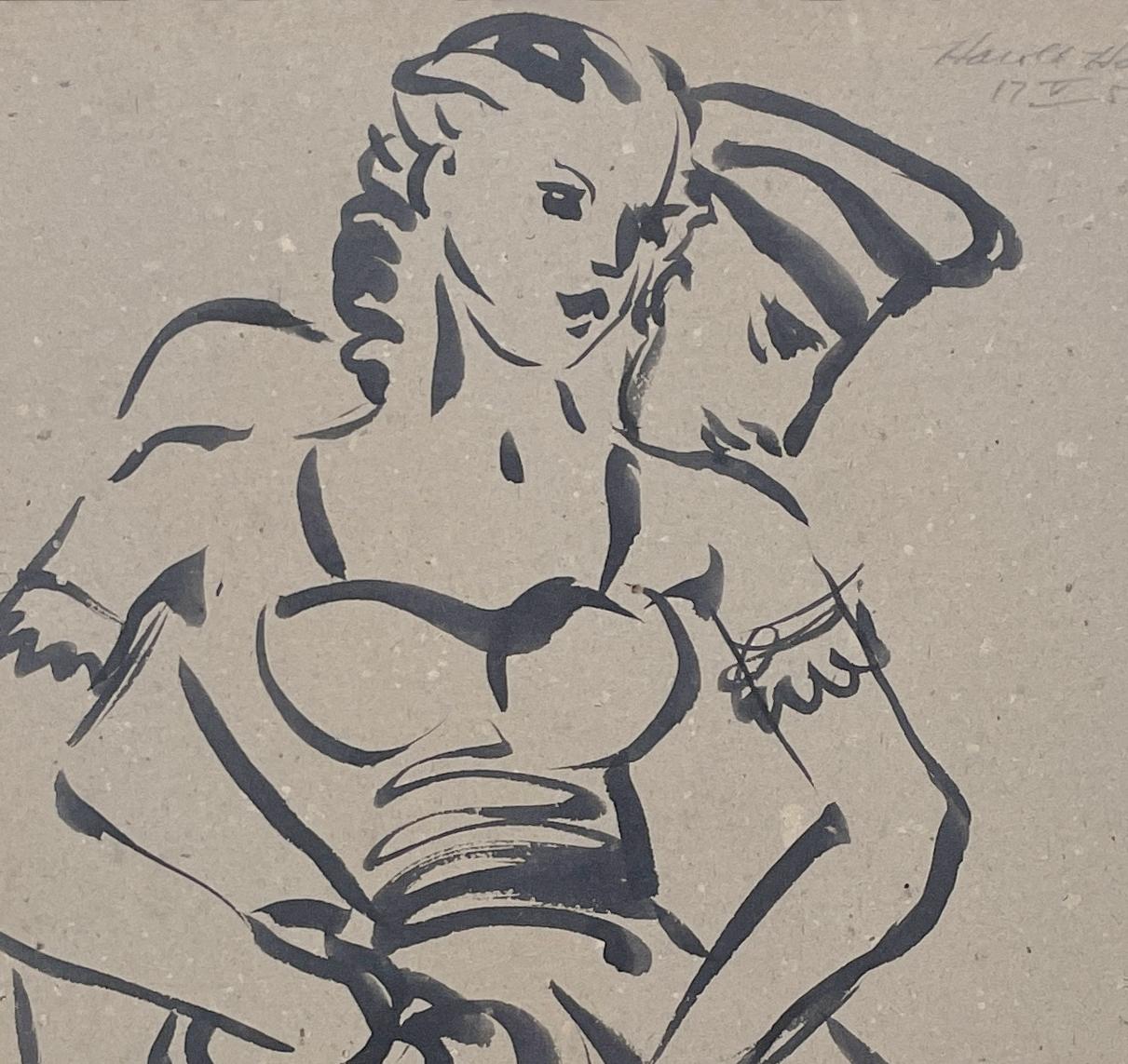 A Striking, 1950s Mid-Century Modern Ink Drawing of a Dancing Couple by Notable Chicago Artist, Harold Haydon (Am. 1909-1994).  Depicting an embracing couple engaged in the classic, romantic 