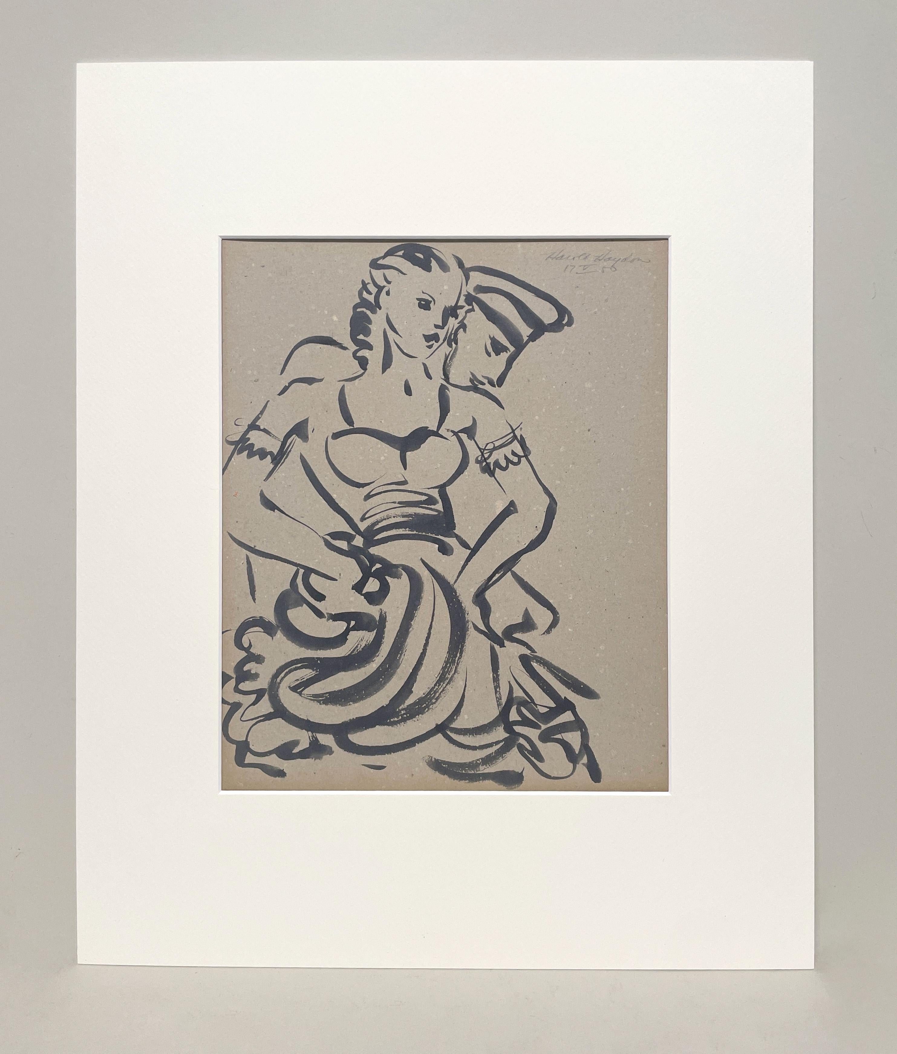 A Striking 1950s Mid-Century Modern Ink Drawing of a Dancing Couple - Art by Harold Haydon