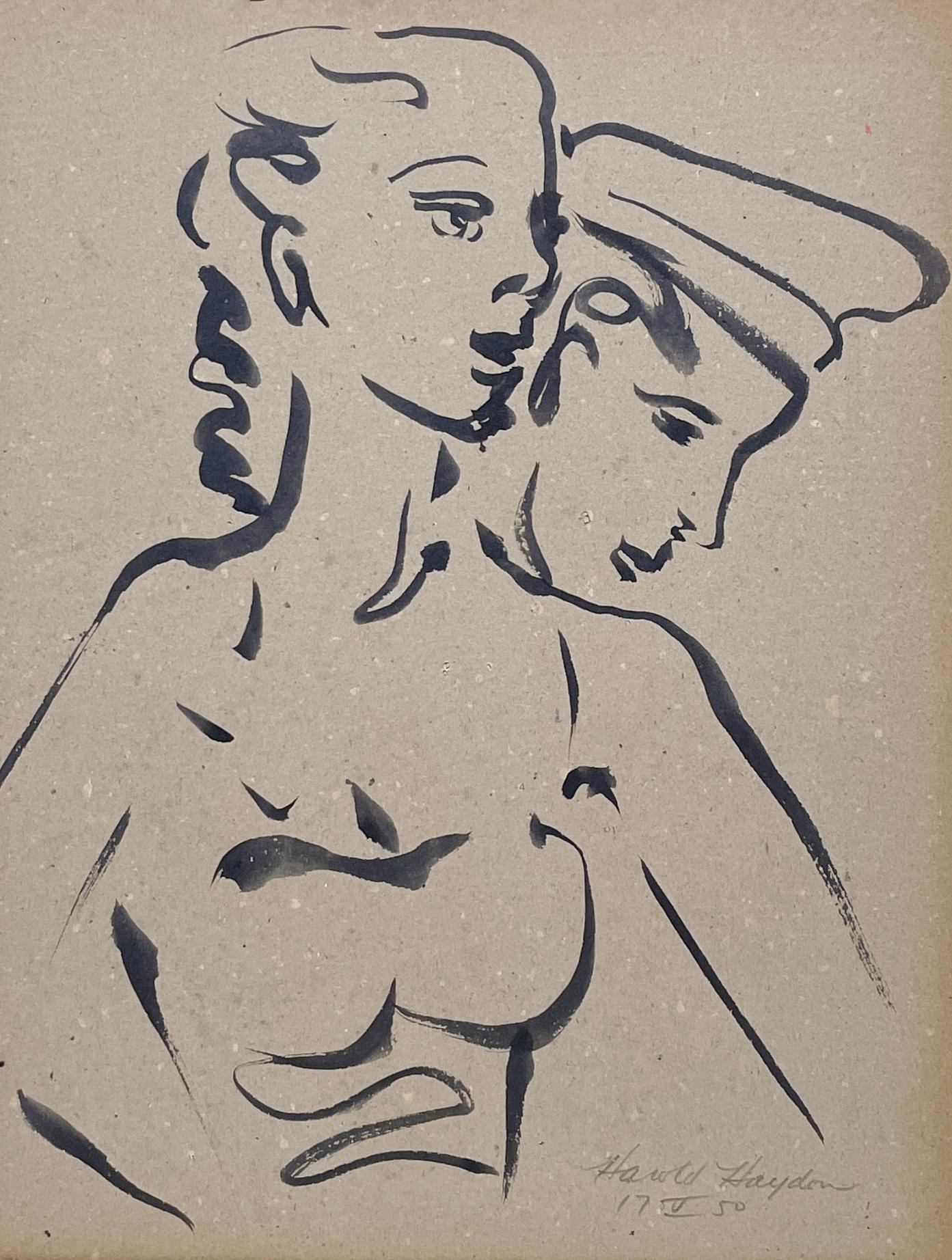 A Striking 1950s Mid-Century Modern Ink Drawing of a Dancing Couple