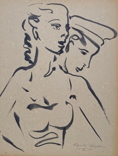 A Striking 1950s Mid-Century Modern Ink Drawing of a Dancing Couple