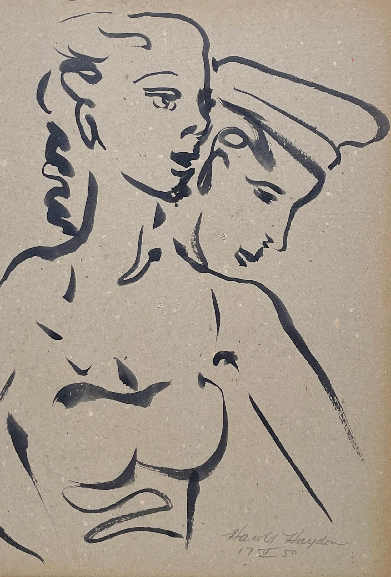 A Striking, 1950s Mid-Century Modern Ink Drawing of a Dancing Couple by Notable Chicago Artist, Harold Haydon (Am. 1909-1994).  Depicting an embracing couple engaged in the classic, romantic 