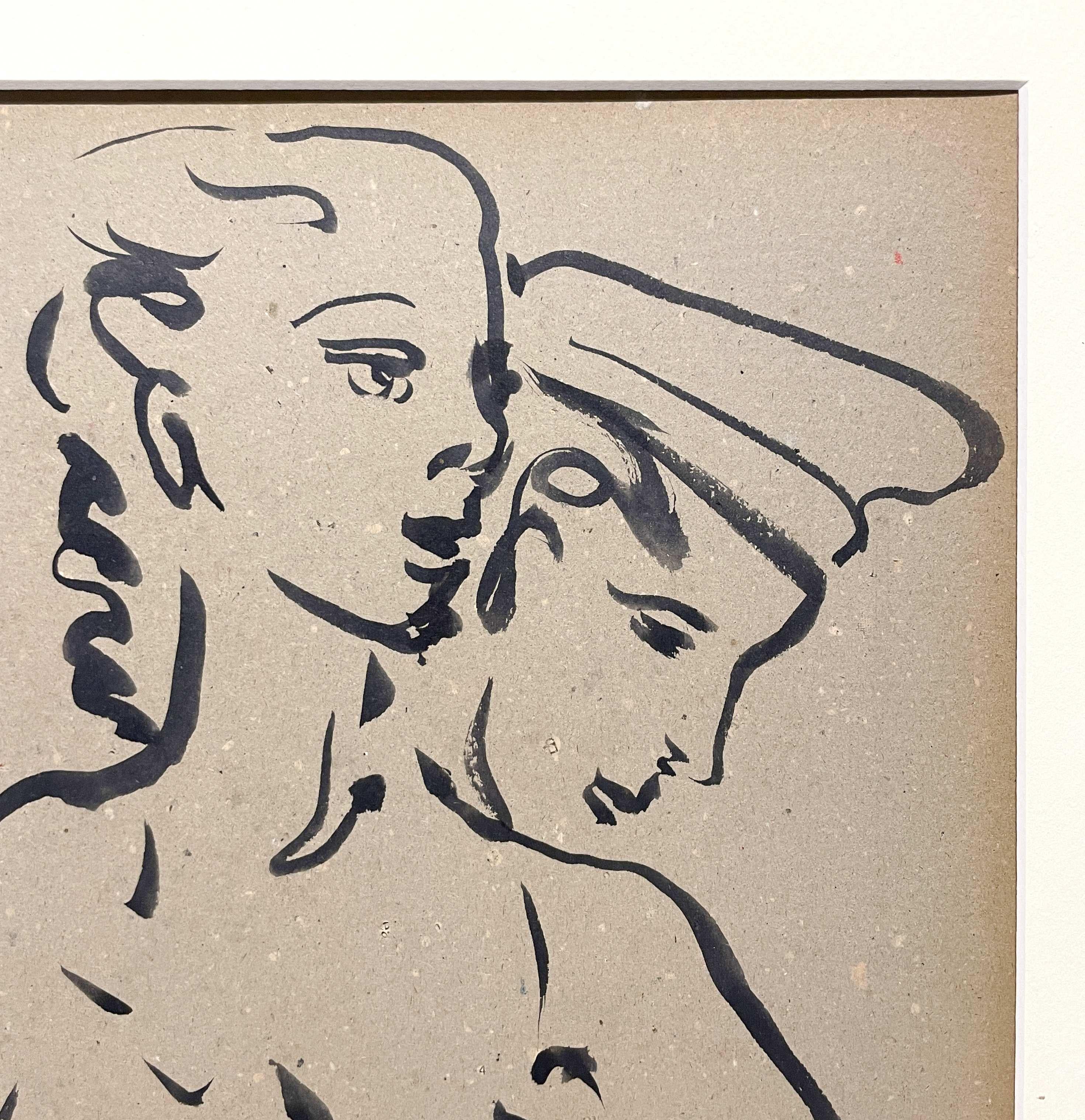 A Striking 1950s Mid-Century Modern Ink Drawing of a Dancing Couple - Brown Nude by Harold Haydon