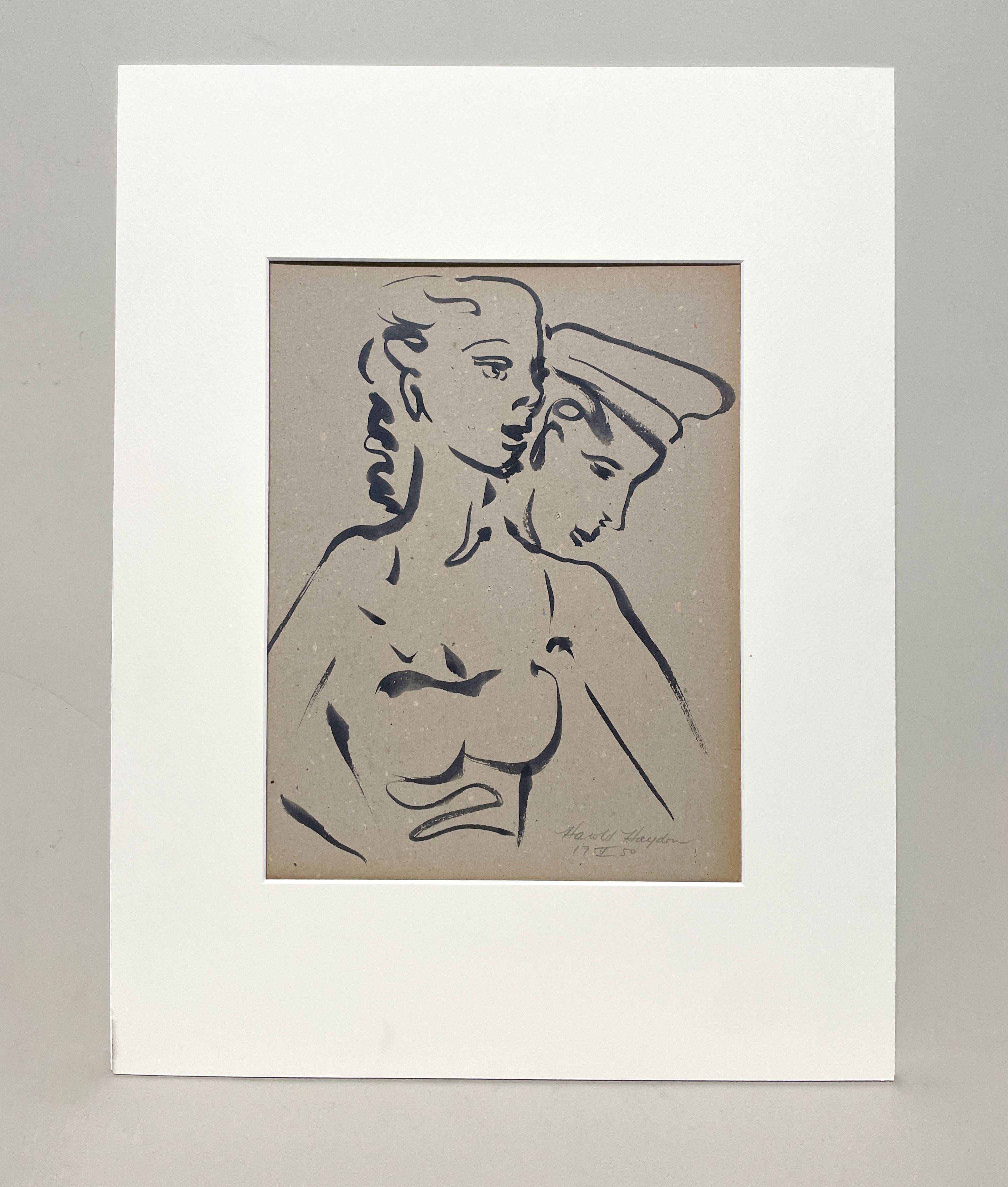 A Striking 1950s Mid-Century Modern Ink Drawing of a Dancing Couple - Art by Harold Haydon
