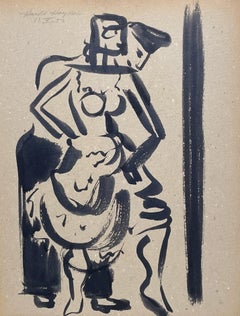 A Striking 1950s Mid-Century Modern Ink Drawing of a Dancing Couple