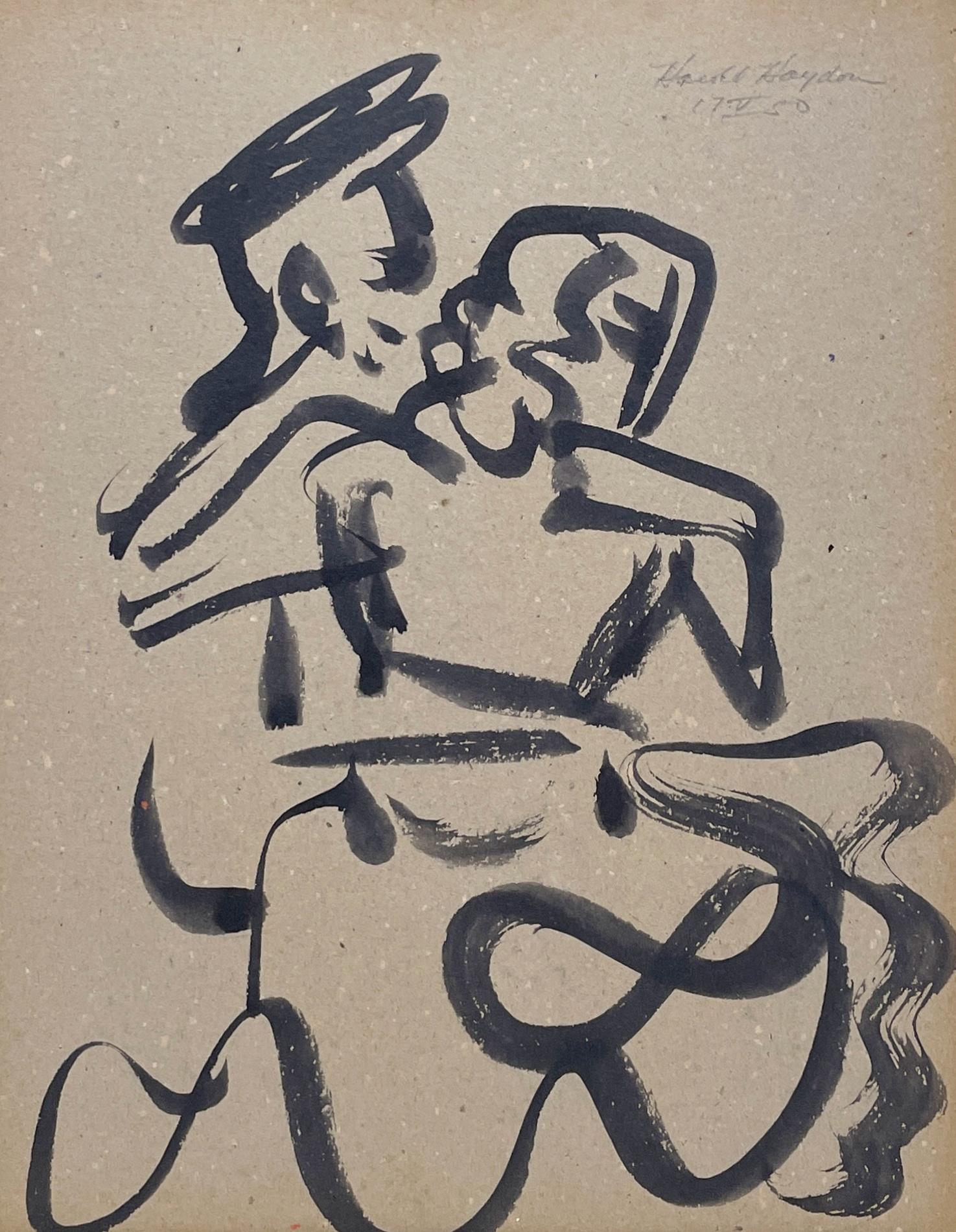 Harold Haydon Nude - A Striking 1950s Mid-Century Modern Ink Drawing of a Dancing Couple