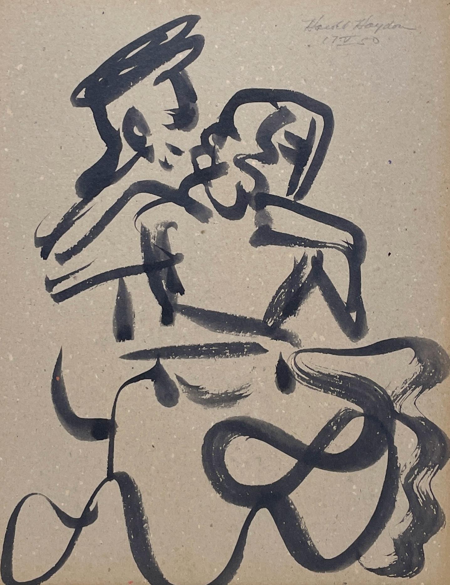 A Striking 1950s Mid-Century Modern Ink Drawing of a Dancing Couple - Brown Nude by Harold Haydon