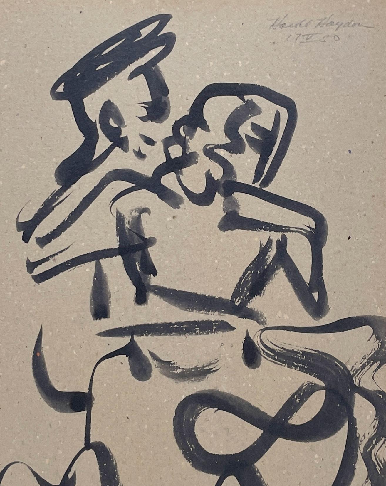 A Striking, 1950s Mid-Century Modern Ink Drawing of a Dancing Couple by Notable Chicago Artist, Harold Haydon (Am. 1909-1994).  Depicting an embracing couple engaged in the classic, romantic 