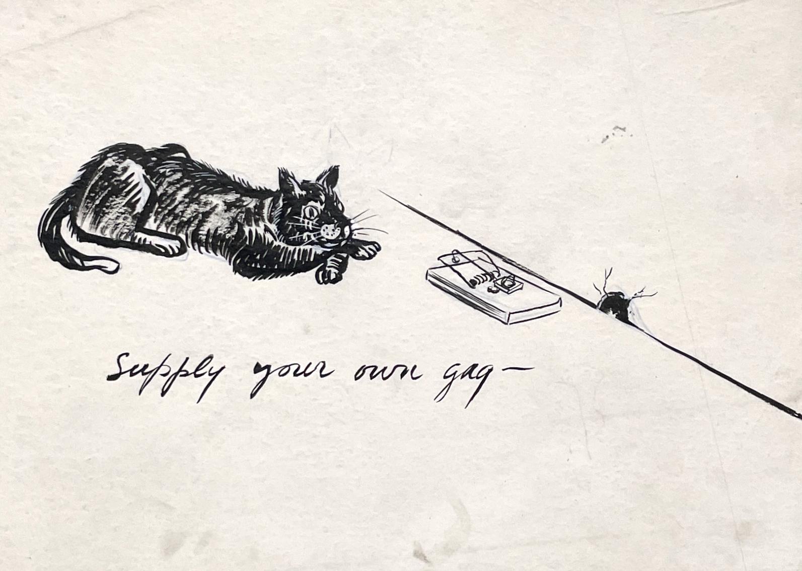 Harold Haydon Animal Art - A Delightful, 1950s Mid-Century Modern Ink Drawing Cartoon, Cat and Mouse Trap