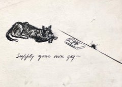 Vintage A Delightful, 1950s Mid-Century Modern Ink Drawing Cartoon, Cat and Mouse Trap