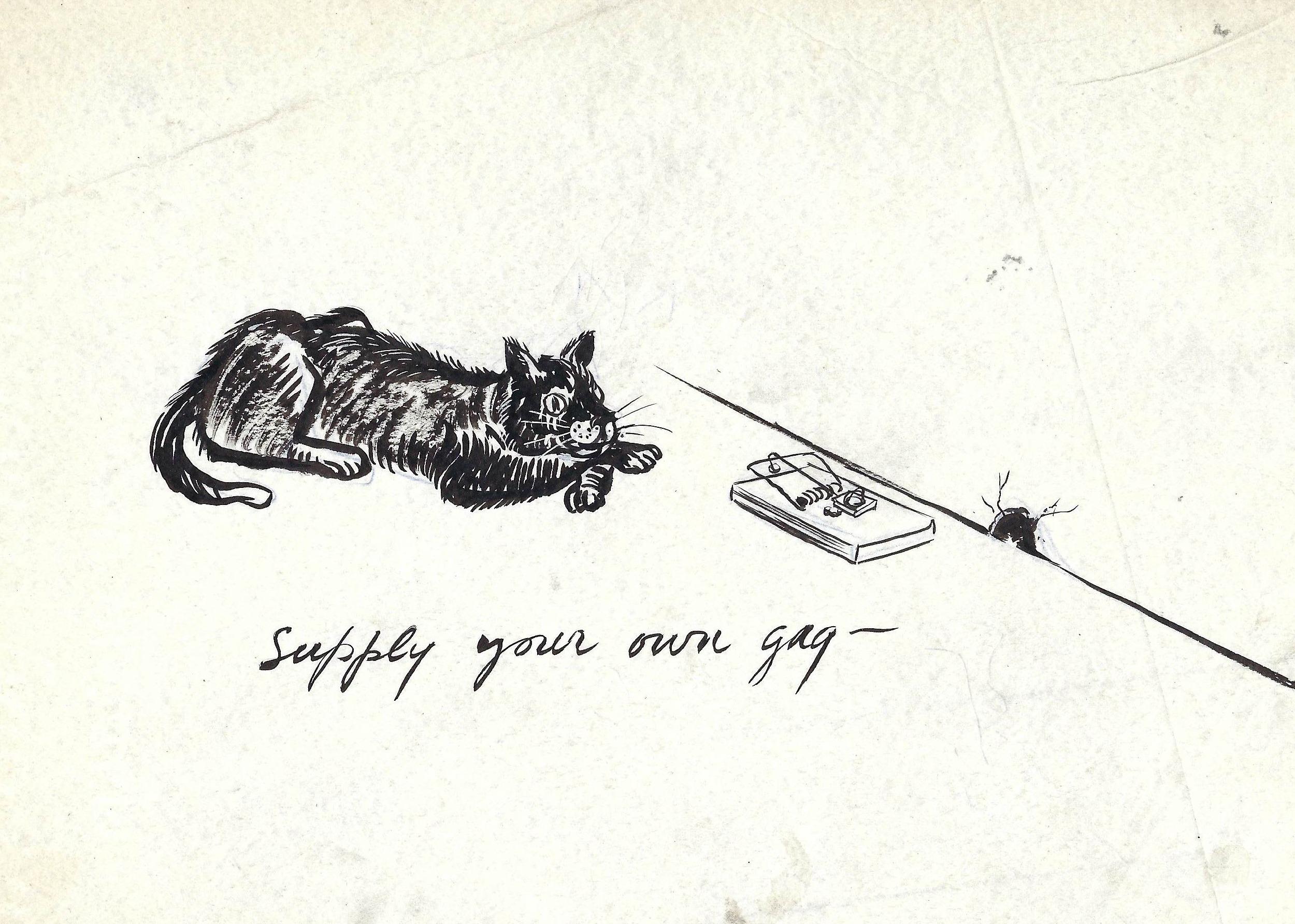 A Delightful, 1950s Mid-Century Modern Ink Drawing Cartoon, Cat and Mouse Trap For Sale 1