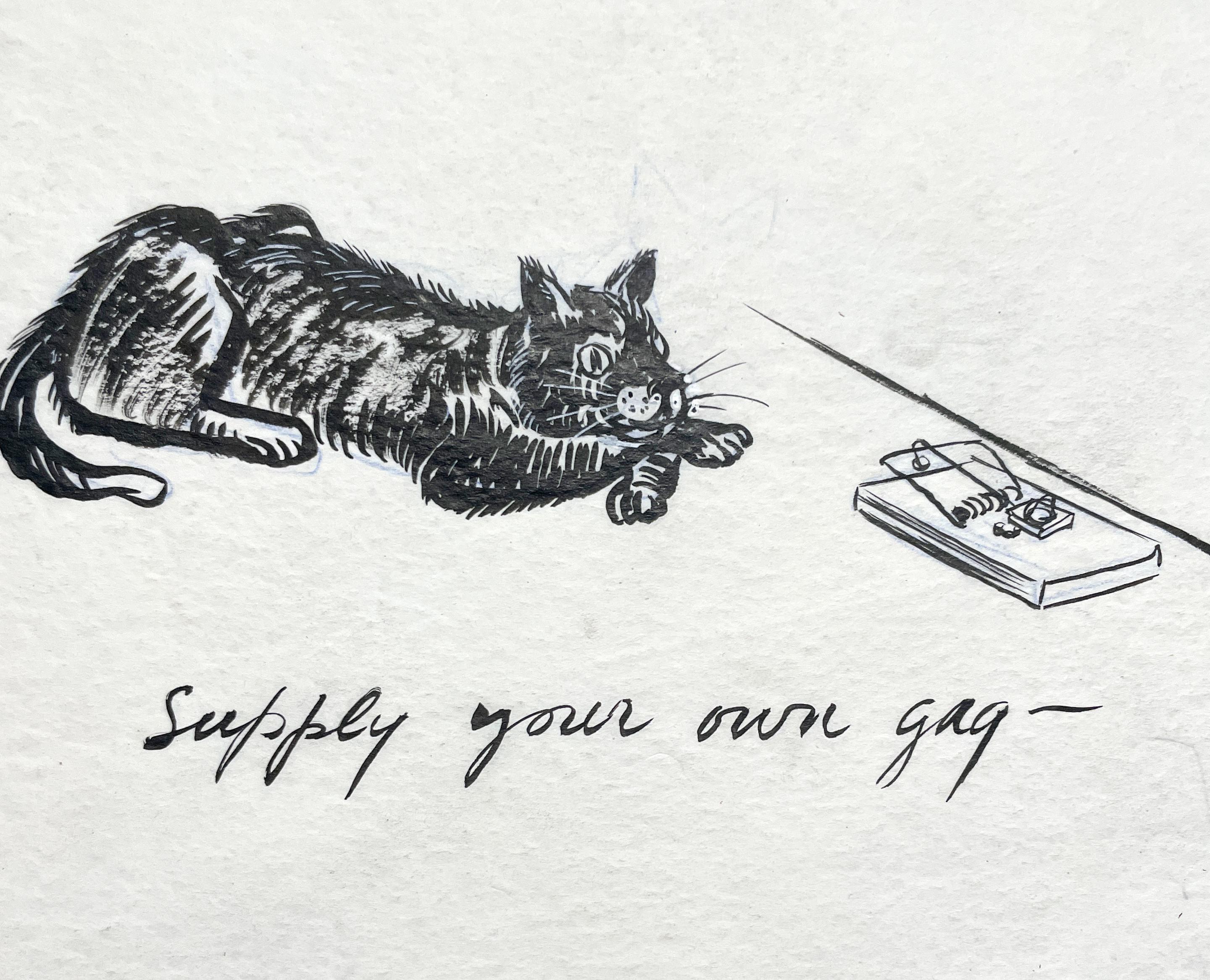 A Delightful, 1950s Mid-Century Modern Ink Drawing Cartoon, Cat and Mouse Trap For Sale 5