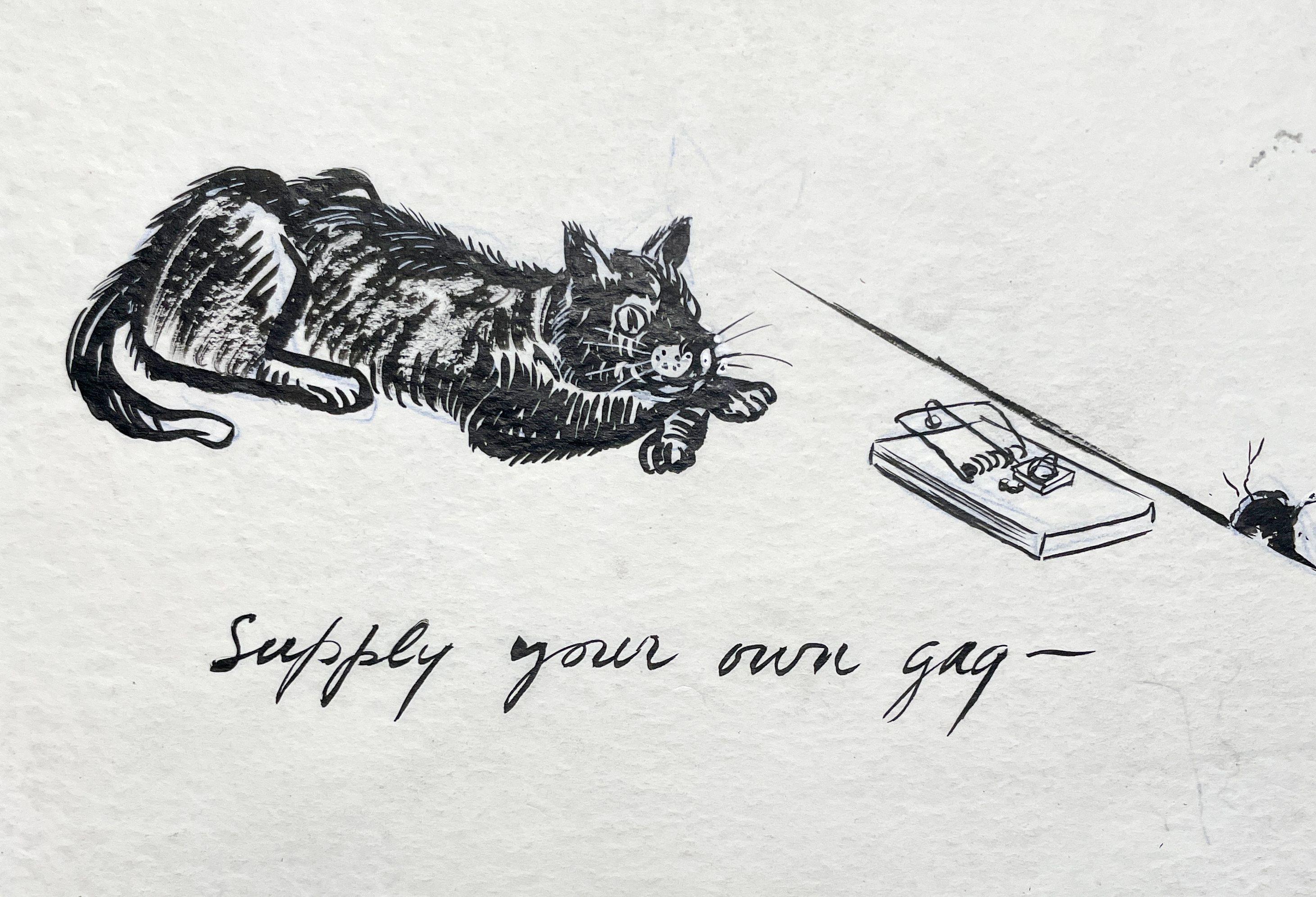 A Delightful, 1950s Mid-Century Modern Ink Drawing Cartoon, Cat and Mouse Trap For Sale 3