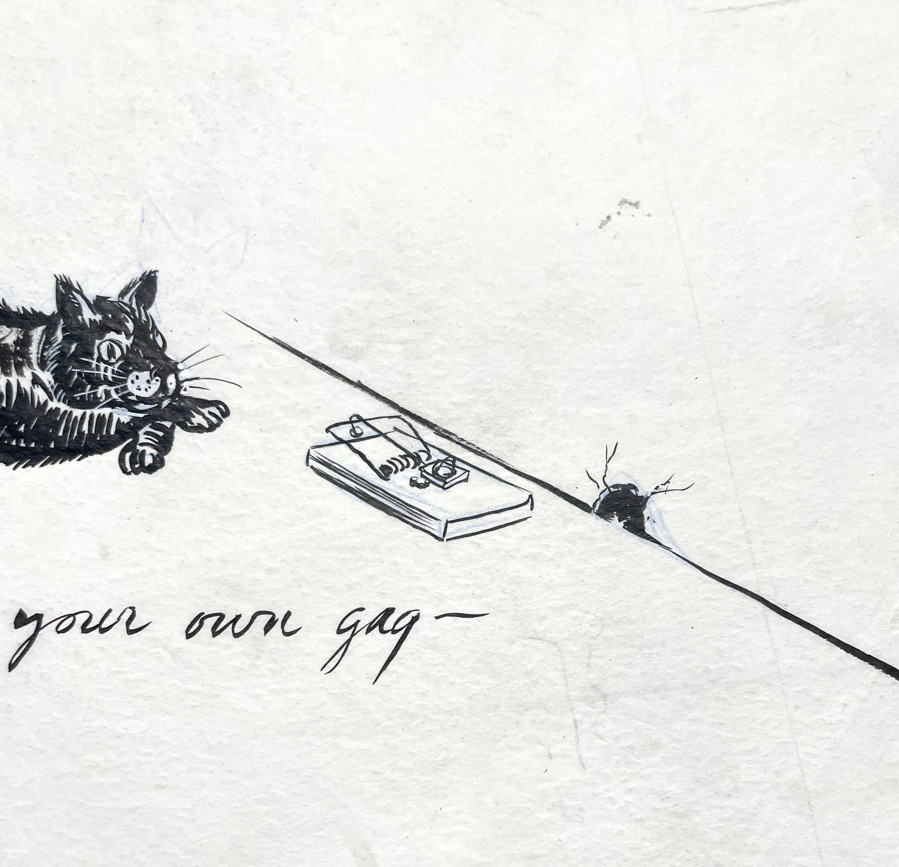 A Delightful, 1950s Mid-Century Modern Ink Drawing Cartoon, Cat and Mouse Trap For Sale 4