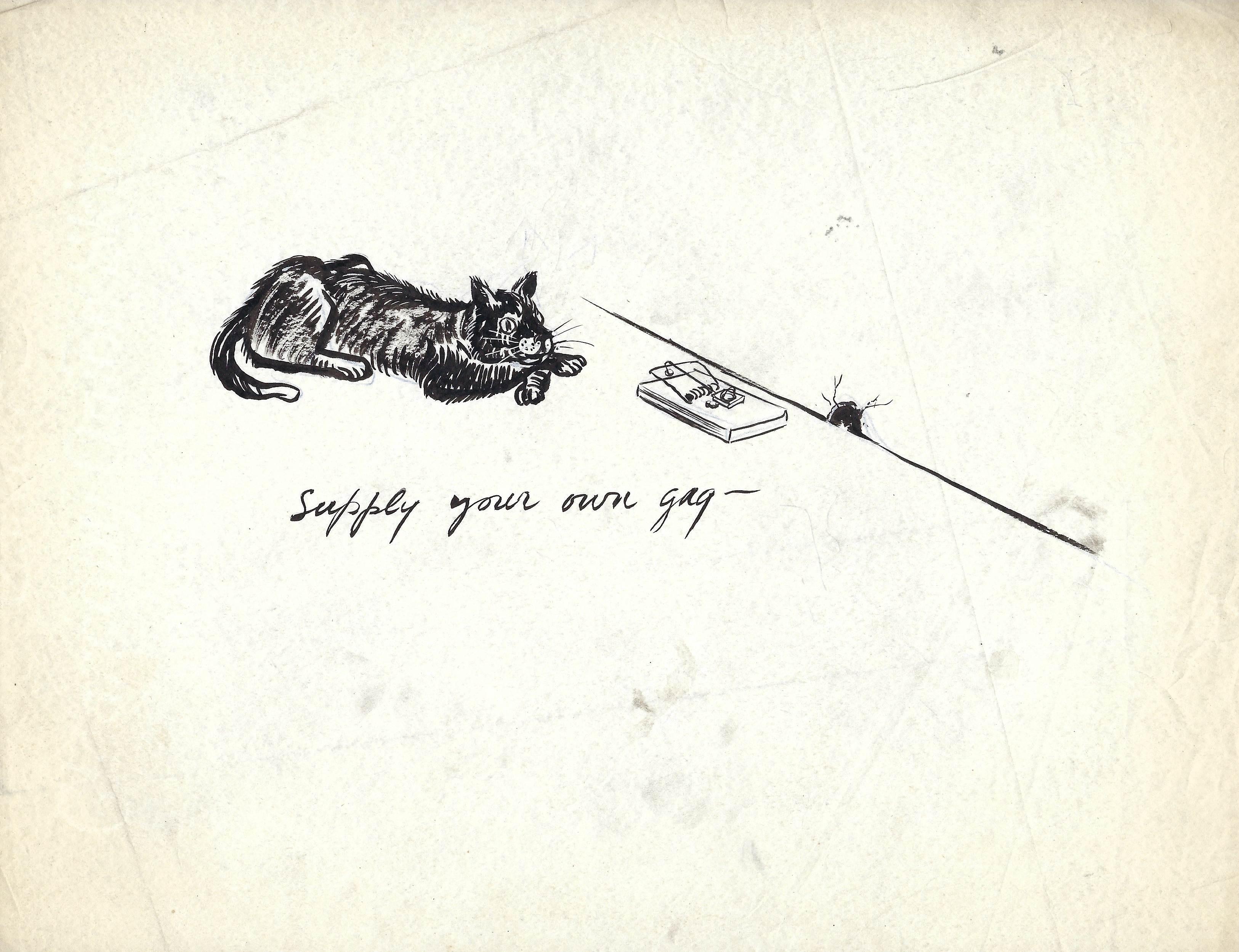 A Delightful, 1950s Mid-Century Modern Ink Drawing Cartoon, Cat and Mouse Trap For Sale 6