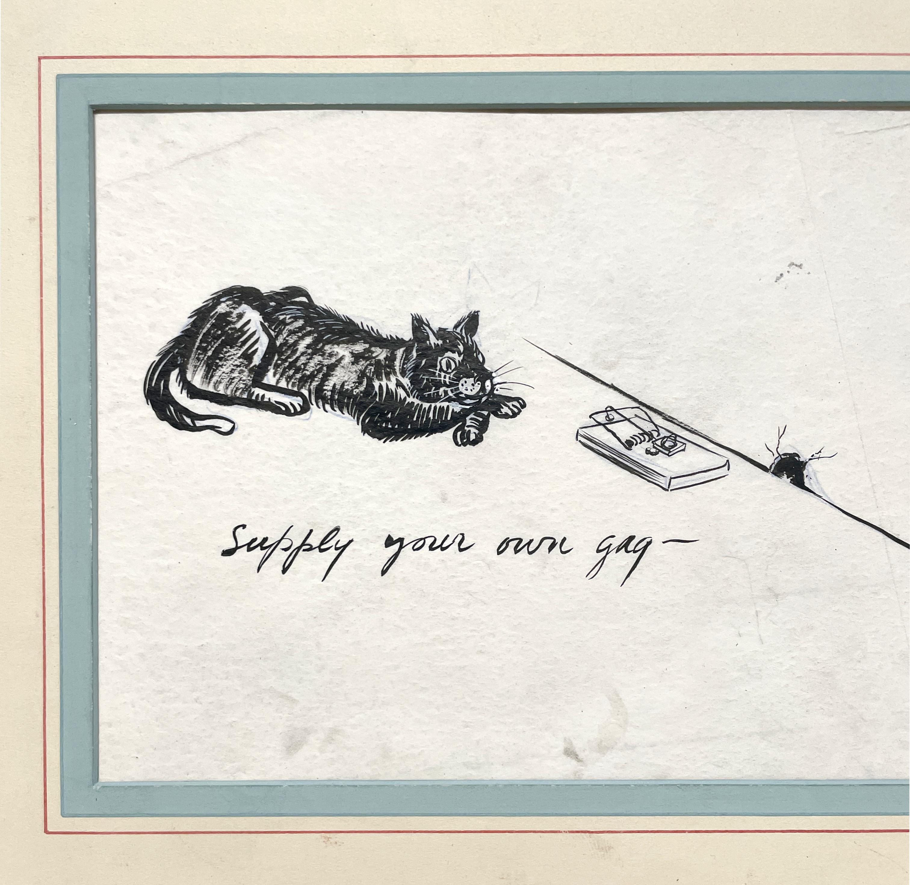 A Delightful, 1950s Mid-Century Modern Ink Drawing Cartoon, Cat and Mouse Trap - White Animal Art by Harold Haydon