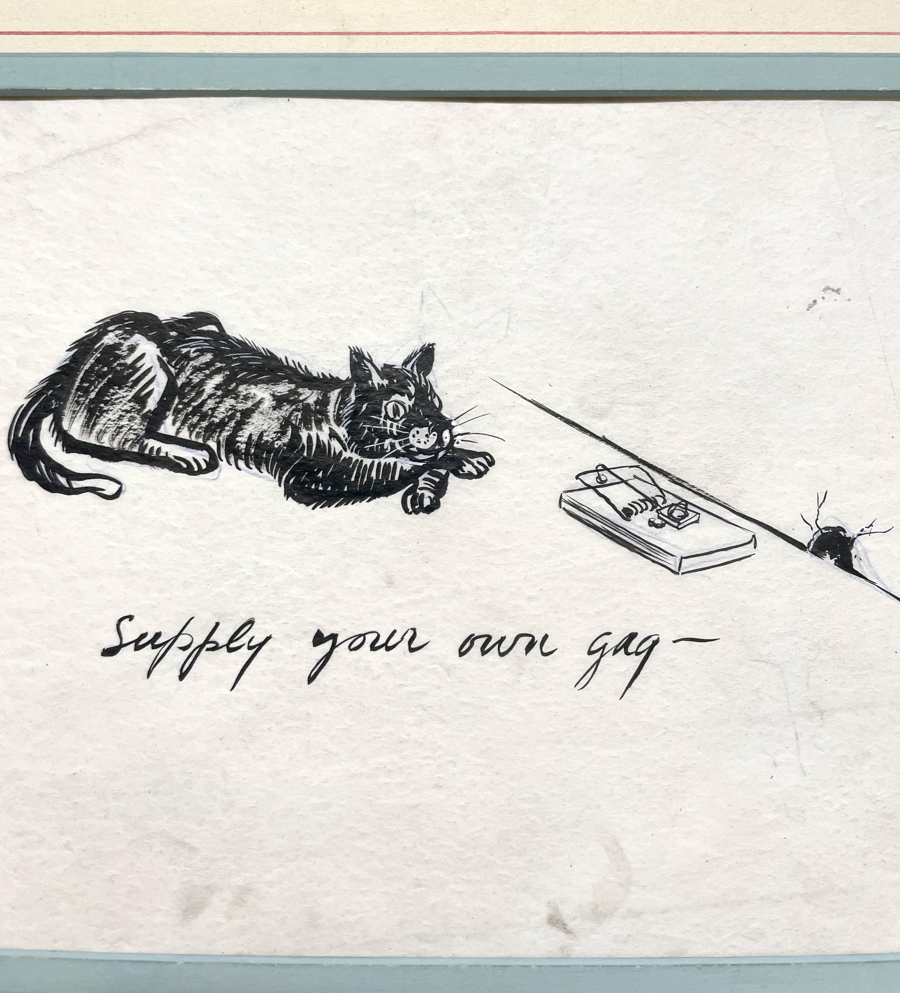 A Delightful, 1950s Mid-Century Modern Ink Drawing Cartoon Illustration of a Cat Resting by a Mouse Trap by Notable Chicago Artist, Harold Haydon (Am. 1909-1994).  

Artwork size: 8 1/2 x 11 Inches (Sheet), unframed, matted to the original hand
