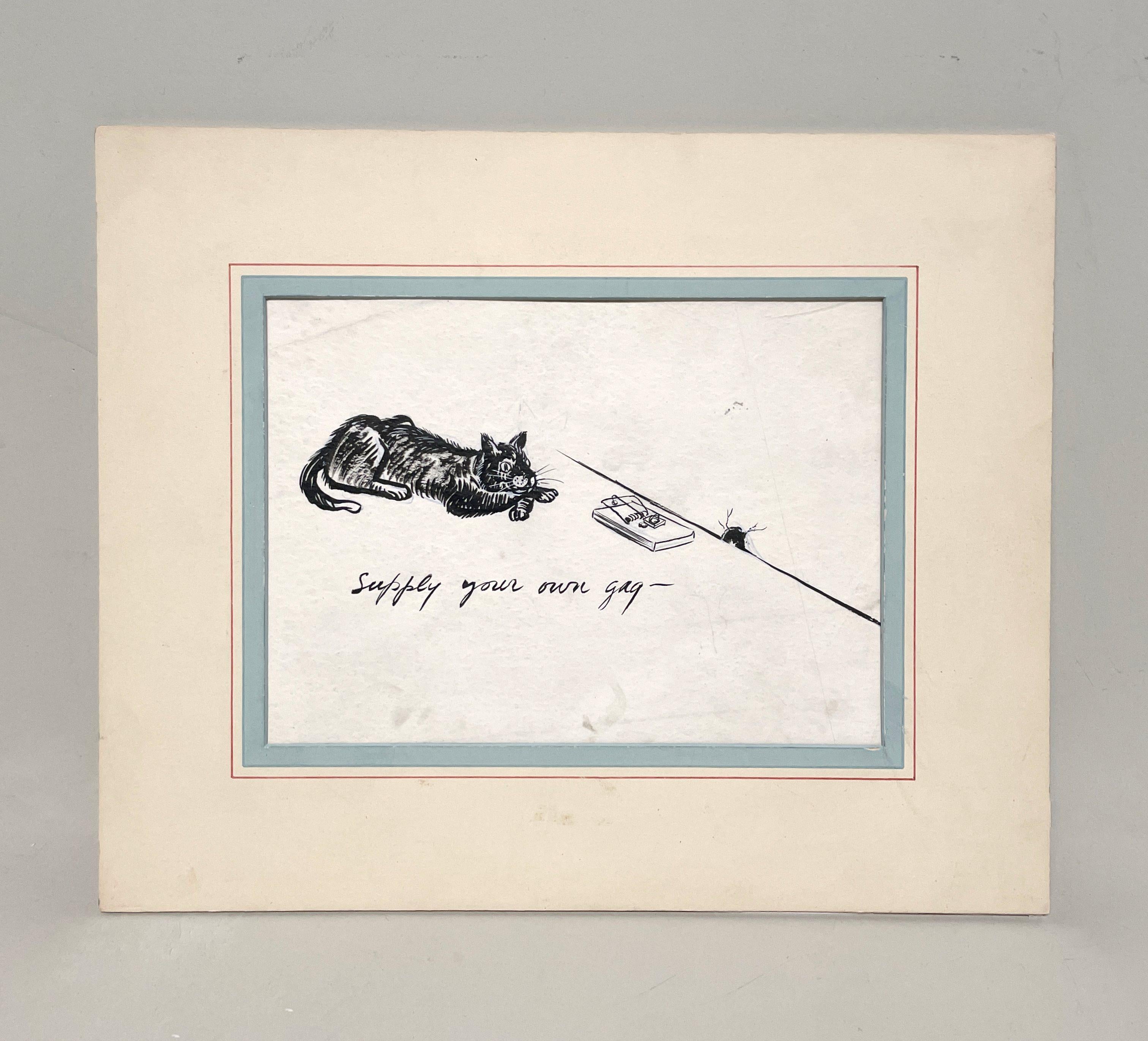 A Delightful, 1950s Mid-Century Modern Ink Drawing Cartoon, Cat and Mouse Trap - Art by Harold Haydon