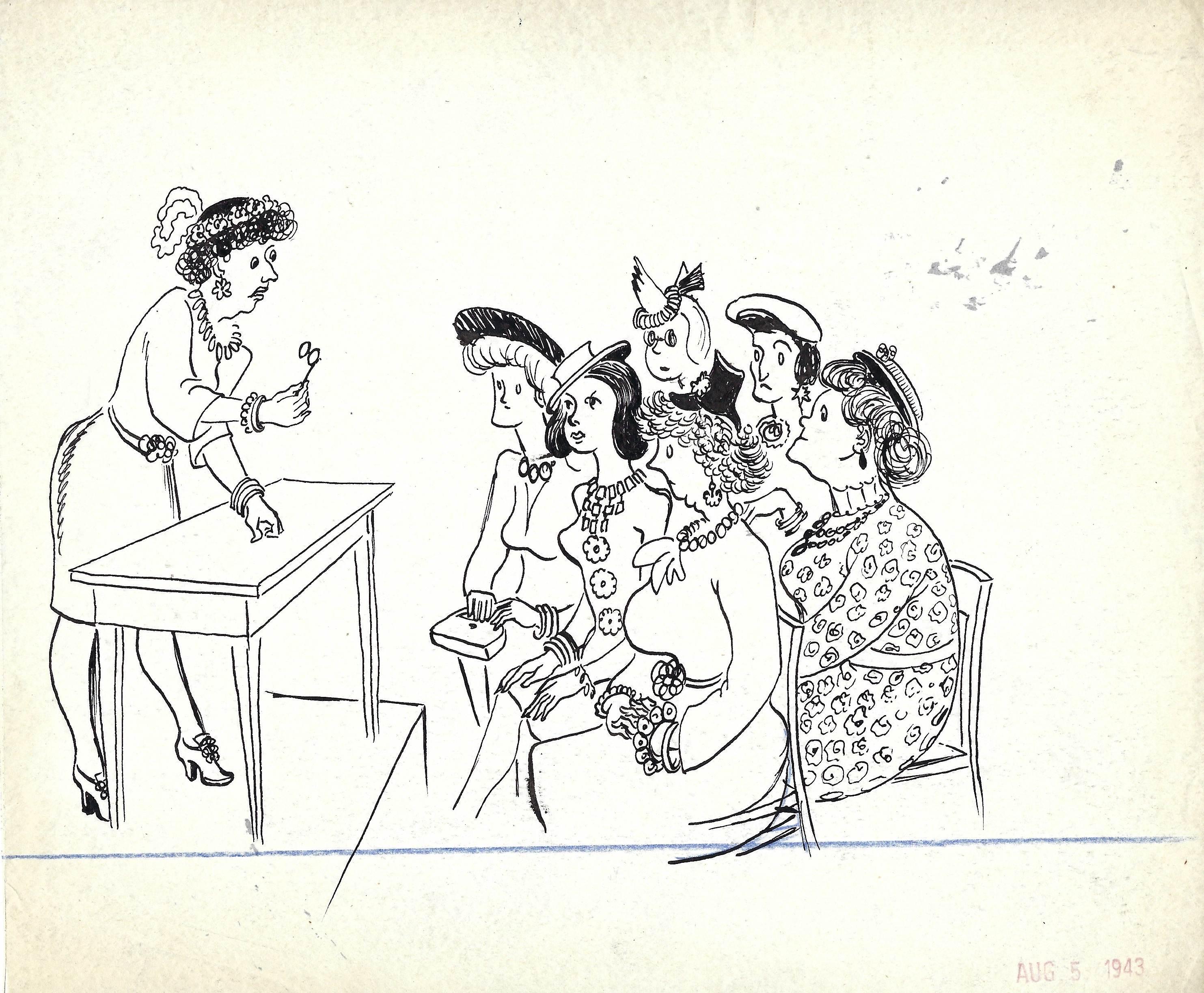 Portrait de Harold Haydon - Un peculiar dibujo a tinta de caricatura moderna de mediados de siglo, "Reunión del Comité de Mujeres"