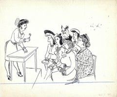Un eccentrico disegno a inchiostro a cartoni animati della metà del secolo scorso, "Riunione del comitato femminile".
