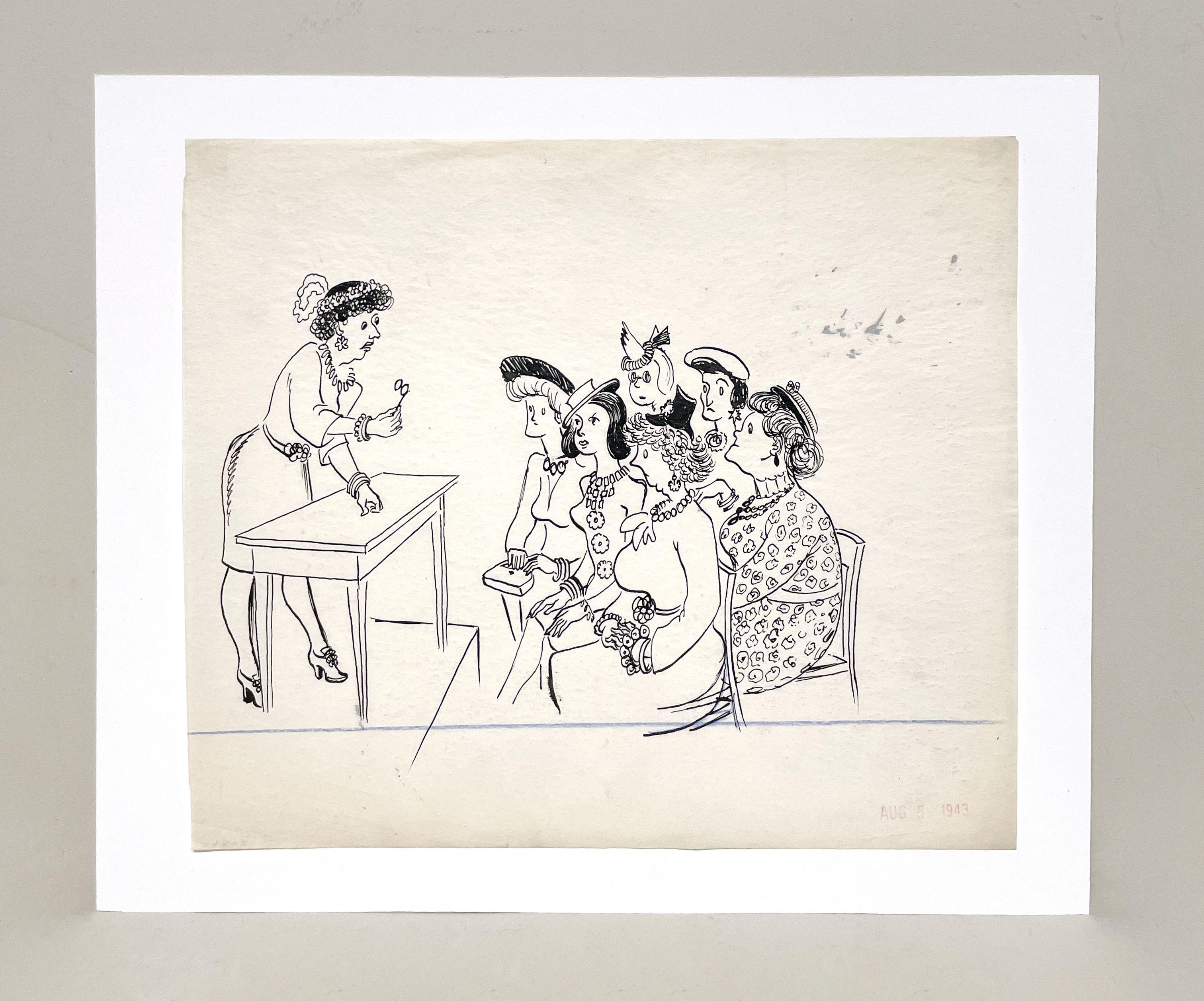 Un peculiar dibujo a tinta de caricatura moderna de mediados de siglo, 