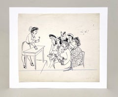 A Quirky, Mid-Century Modern Cartoon Ink Drawing, "Women's Committee Meeting"
