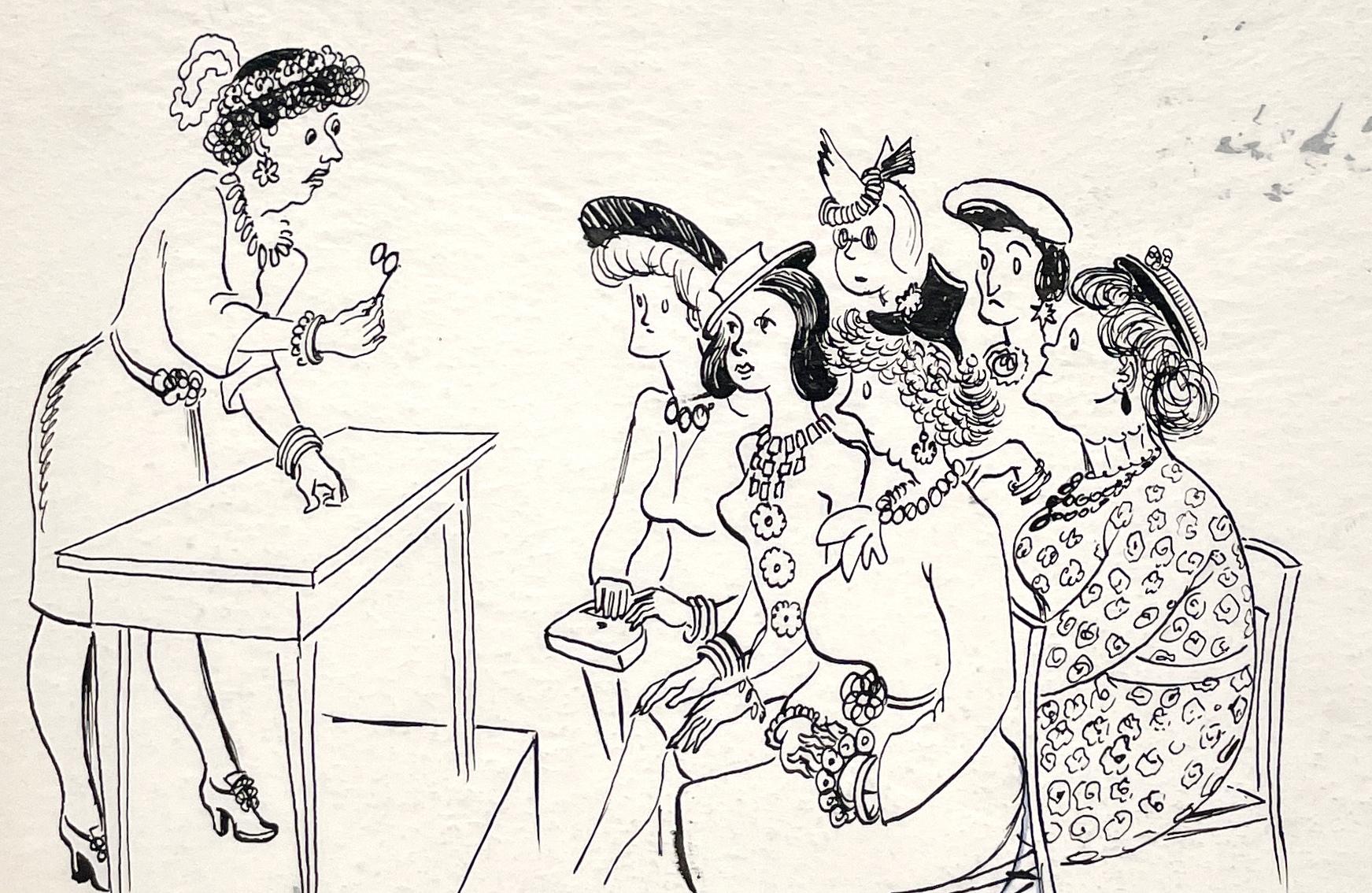 Extravagante y humorística caricatura moderna de mediados de siglo de los años 50 que representa una reunión del Comité de Mujeres, obra del famoso artista de Chicago Harold Haydon (Am. 1909-1994).  

Tamaño de la obra: 8 1/2 x 10 Pulgadas (Hoja),