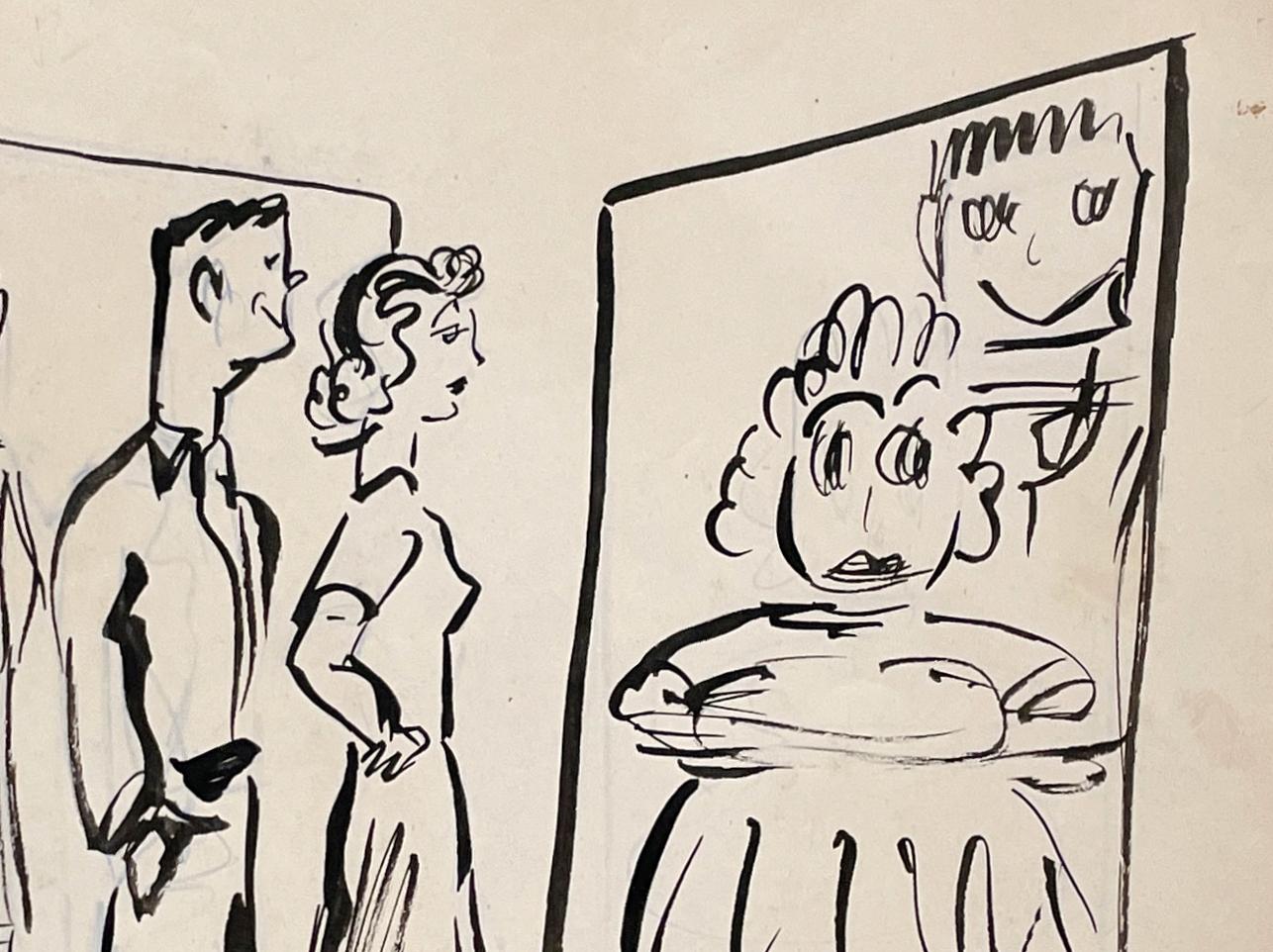 A Humorous, Mid-Century Modern Cartoon Ink Drawing, Couple at Fun House Mirror For Sale 2