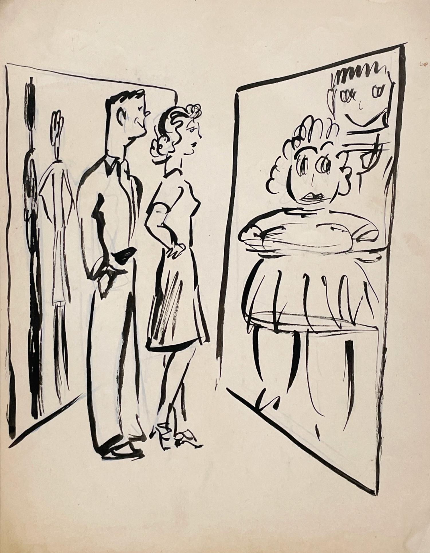 A Humorous, Mid-Century Modern Cartoon Ink Drawing, Couple at Fun House Mirror - Beige Portrait by Harold Haydon
