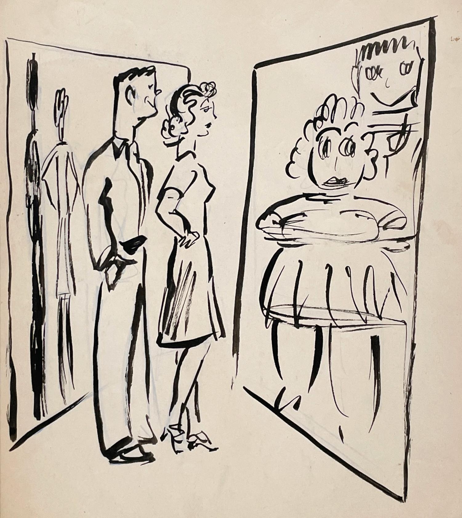 A Quirky, Humorous 1950s Mid-Century Modern Cartoon Illustration Ink Drawing Depicting a Young Couple Standing Beside A Fun House Mirror by Notable Chicago Artist, Harold Haydon (Am. 1909-1994).  

Artwork size: 11 x 8 1/2 Inches (Sheet), unframed,