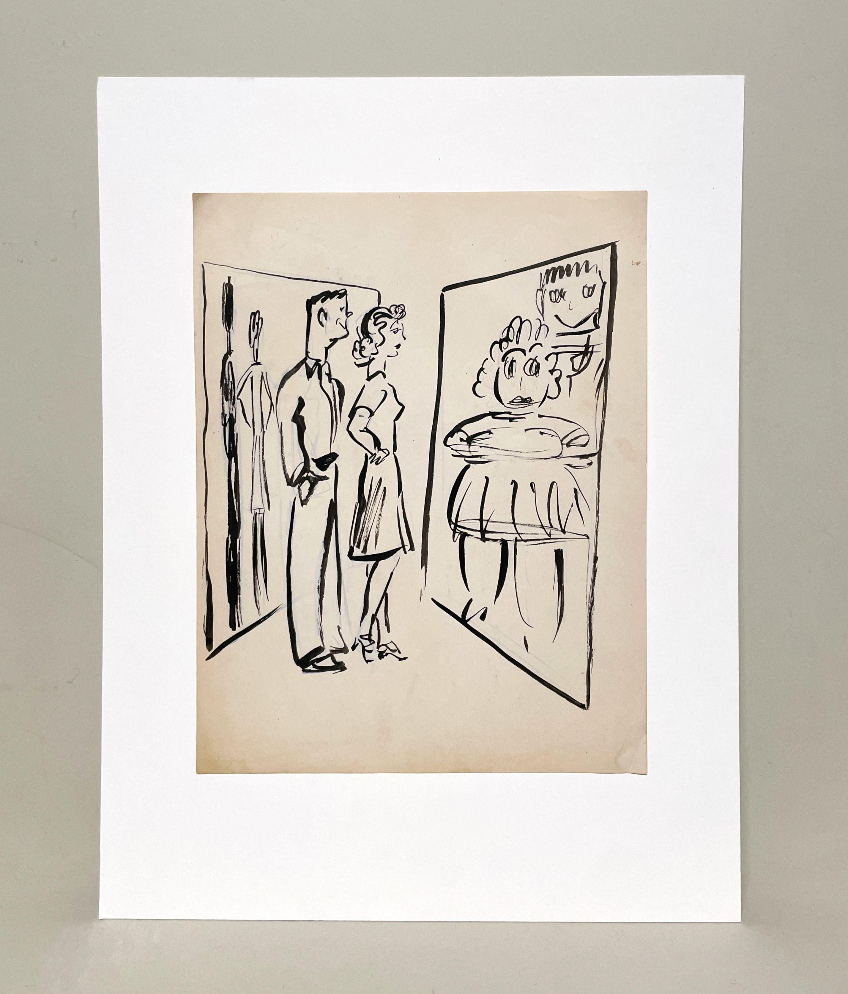 A Humorous, Mid-Century Modern Cartoon Ink Drawing, Couple at Fun House Mirror - Art by Harold Haydon
