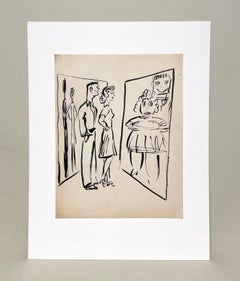 Un divertente disegno a inchiostro a cartoni animati della metà del secolo scorso, Coppia allo specchio della casa del divertimento