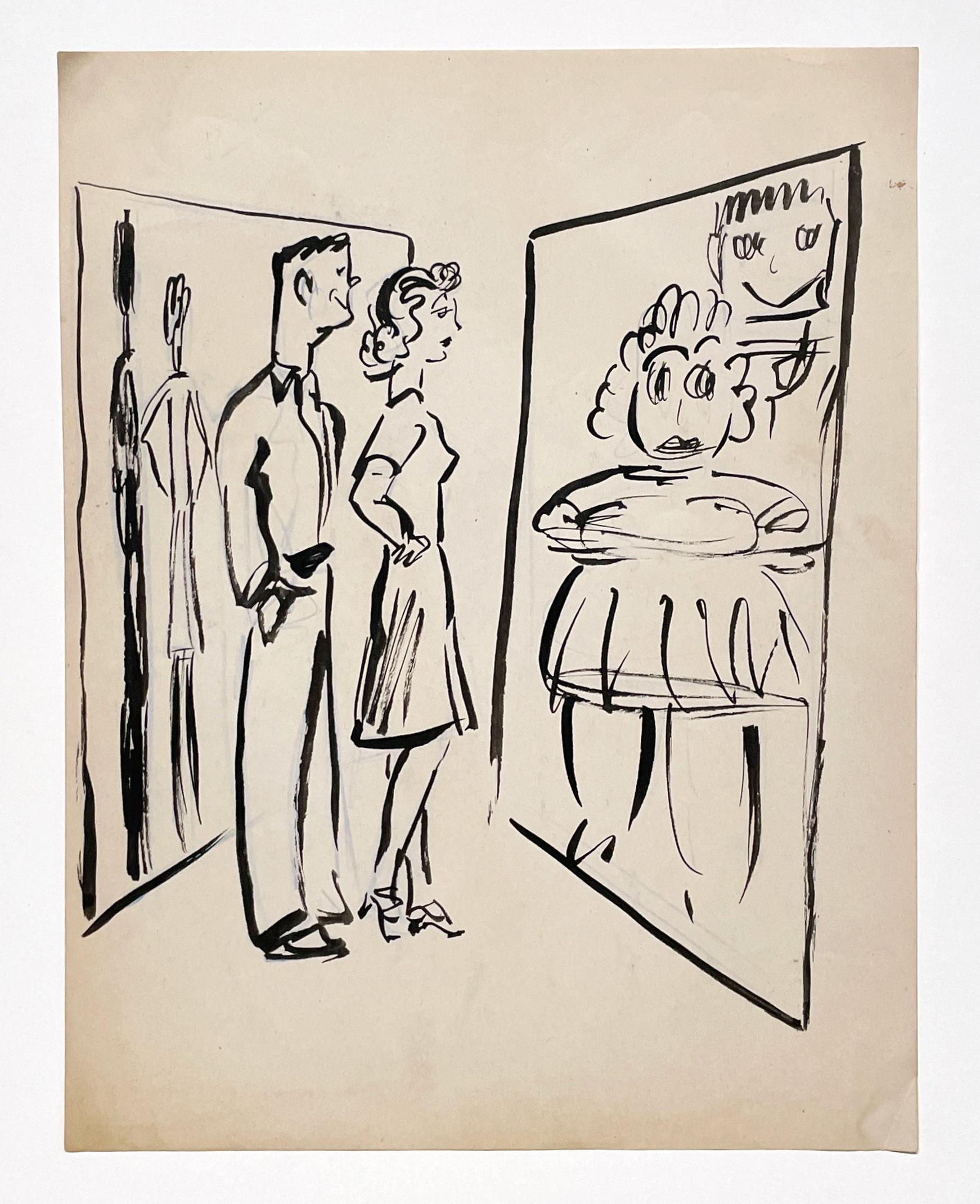 A Humorous, Mid-Century Modern Cartoon Ink Drawing, Couple at Fun House Mirror - American Modern Art by Harold Haydon