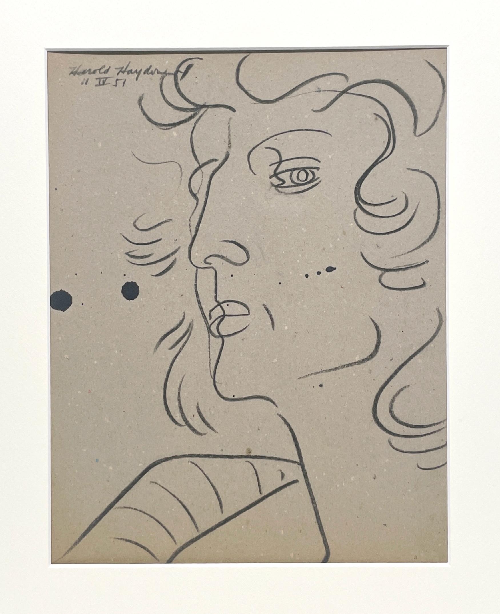 Un llamativo y dramático estudio de figura de mediados de siglo moderno de los años 50, Retrato de mujer - Art moderno estadounidense de Harold Haydon