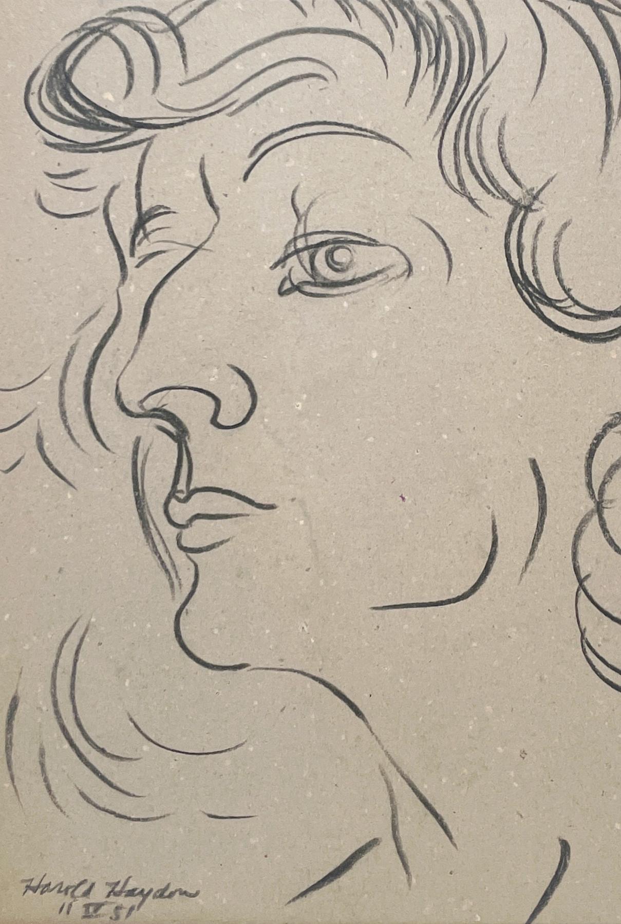 Un llamativo y dramático retrato de mujer de mediados de siglo de un notable artista de Chicago, Harold Haydon (Am. 1909-1994).  Un dibujo al carboncillo de una joven, bien ejecutado en el estudio, que pone de relieve la refinada habilidad y la