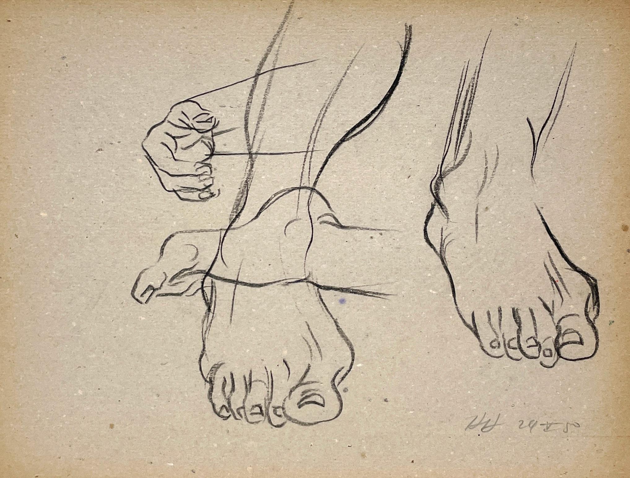 Nude Harold Haydon - Belle étude de figure anatomique académique (main et pieds) datant des années 1950 et du milieu du siècle dernier