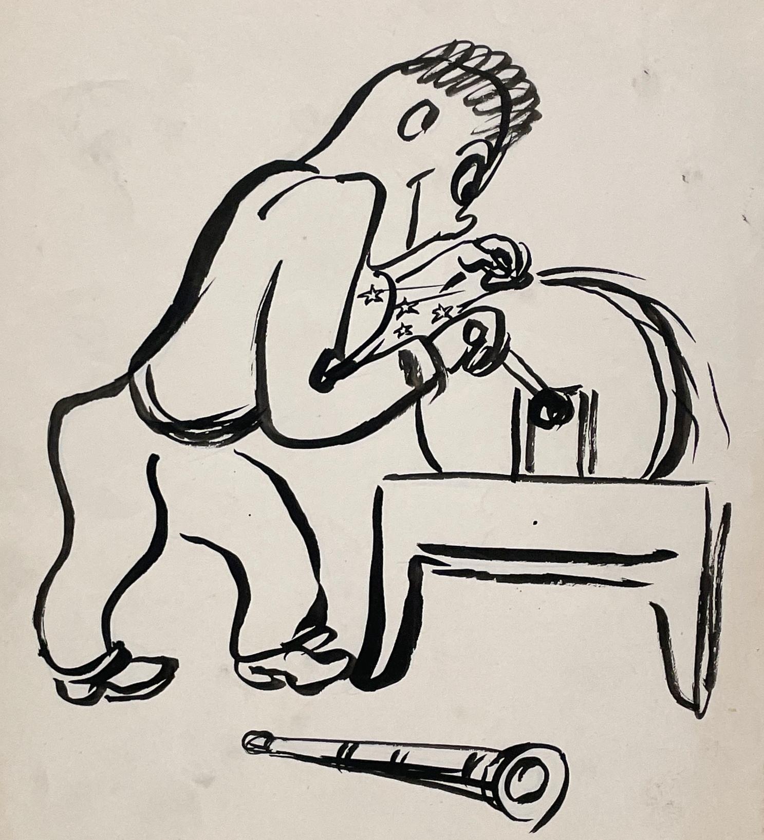 A Quirky, Humorous 1950s Mid-Century Modern Cartoon Illustration Ink Drawing by Notable Chicago Artist, Harold Haydon (Am. 1909-1994).  Depicting a young man diligently working at a sharpening stone, the drawing is titled “Use Your Energy