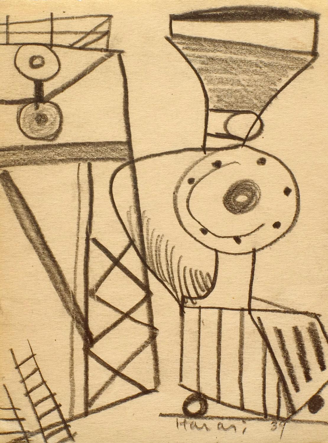 A 1930s Modern Abstract Drawing of a Railroad Steam Engine by Hananiah Harari