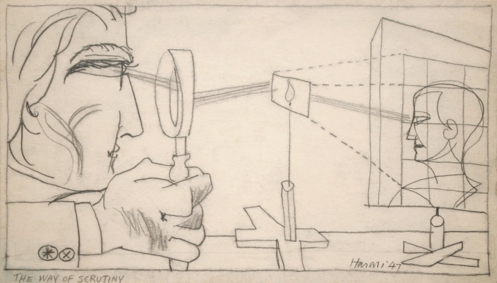A 1940s Modern Surreal Abstract Drawing "The Way of Scrutiny" by Hananiah Harari