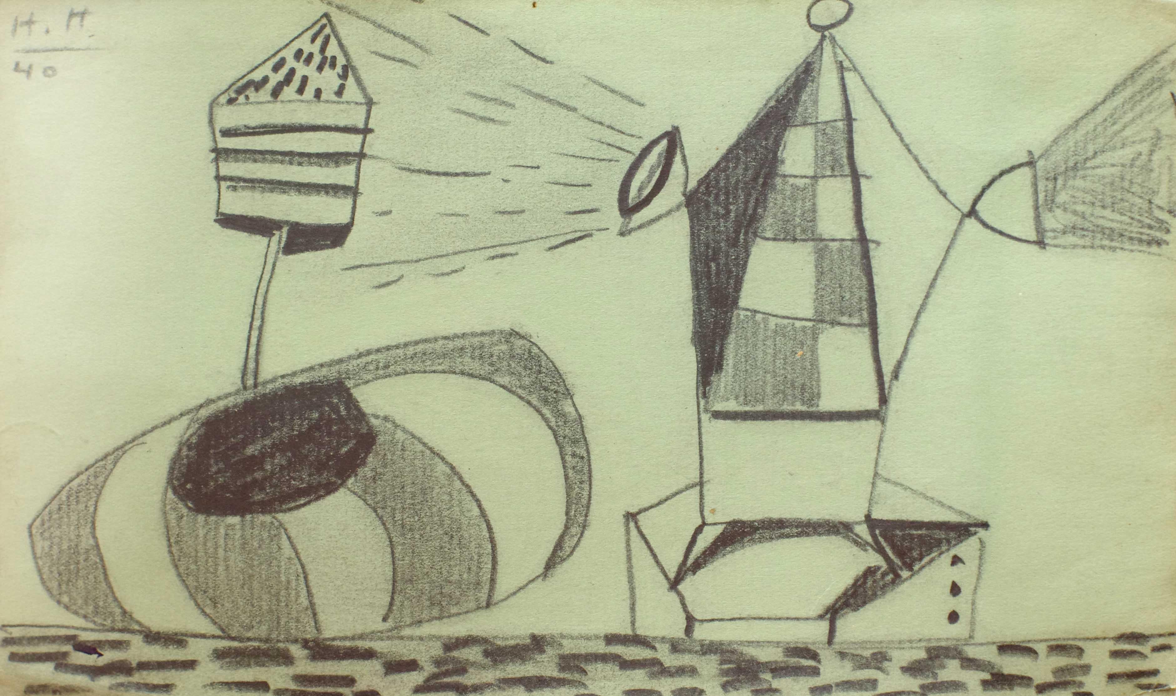 A 1940s Modern Surrealist Abstract Drawing, "Flash Watch" by Hananiah Harari