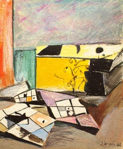 Una colorida acuarela abstracta moderna de mediados de siglo de 1948, de Hananiah Harari