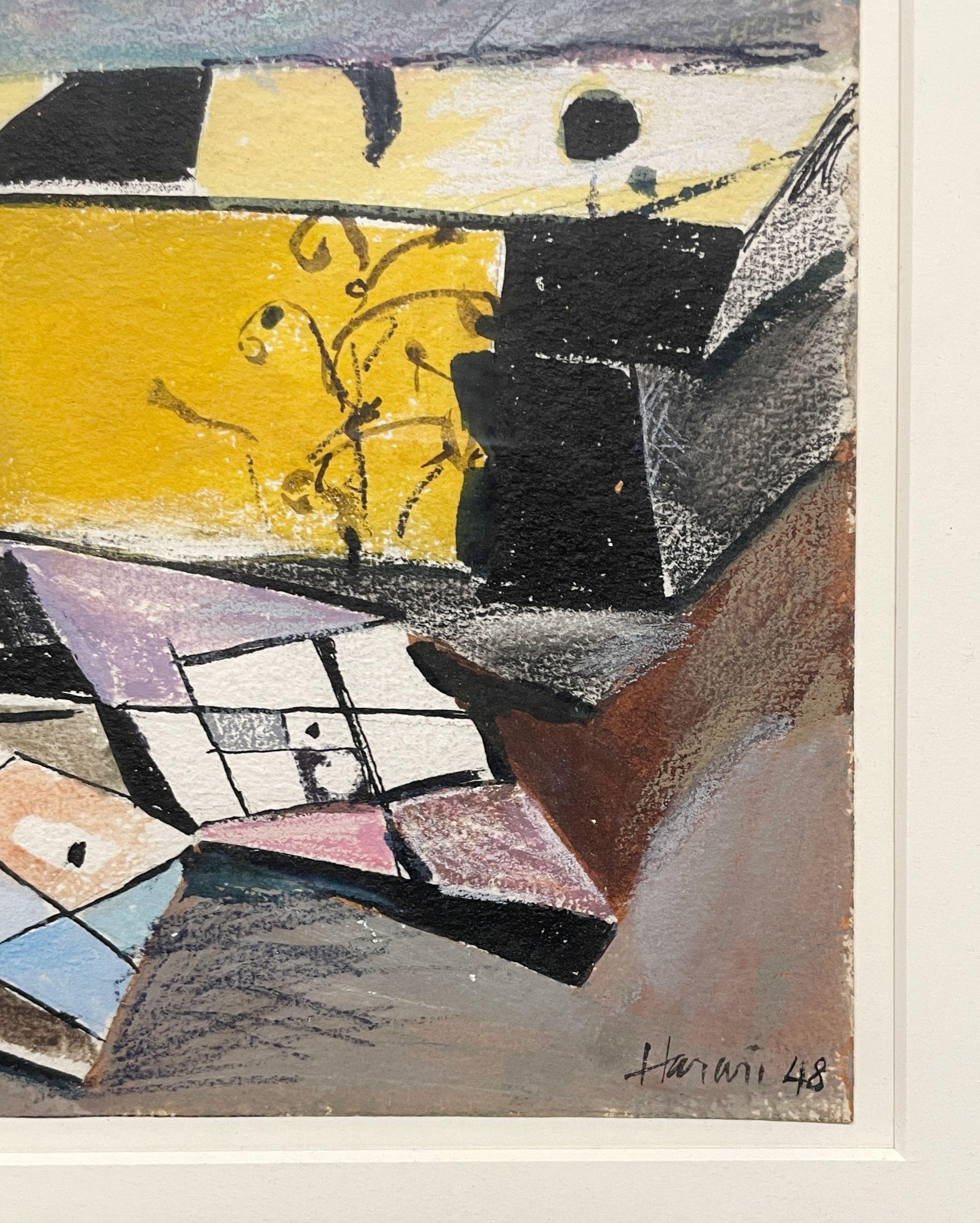 Una colorida acuarela abstracta moderna de mediados de siglo de 1948, de Hananiah Harari en venta 4