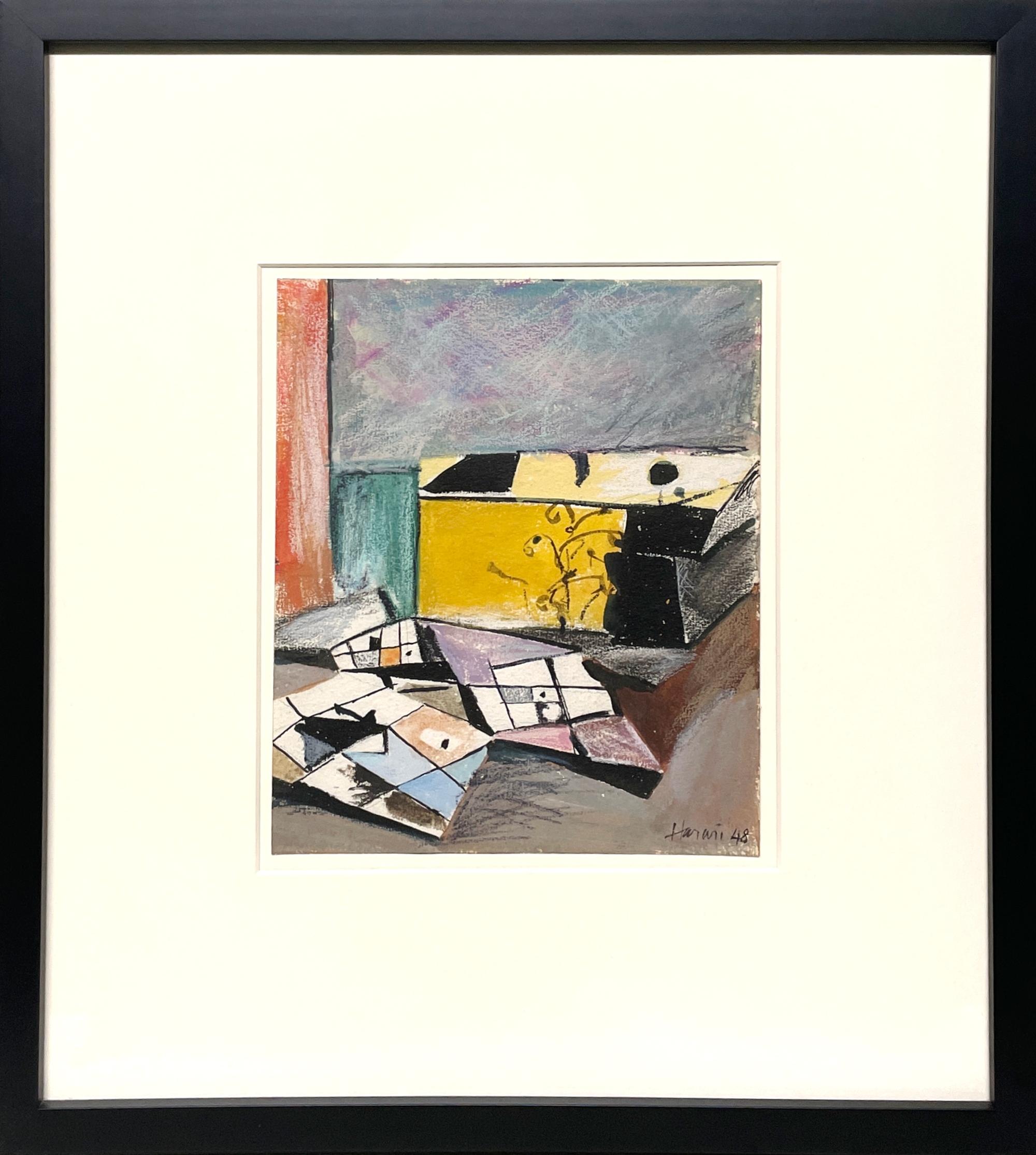 Una colorida acuarela abstracta moderna de mediados de siglo de 1948, de Hananiah Harari en venta 2