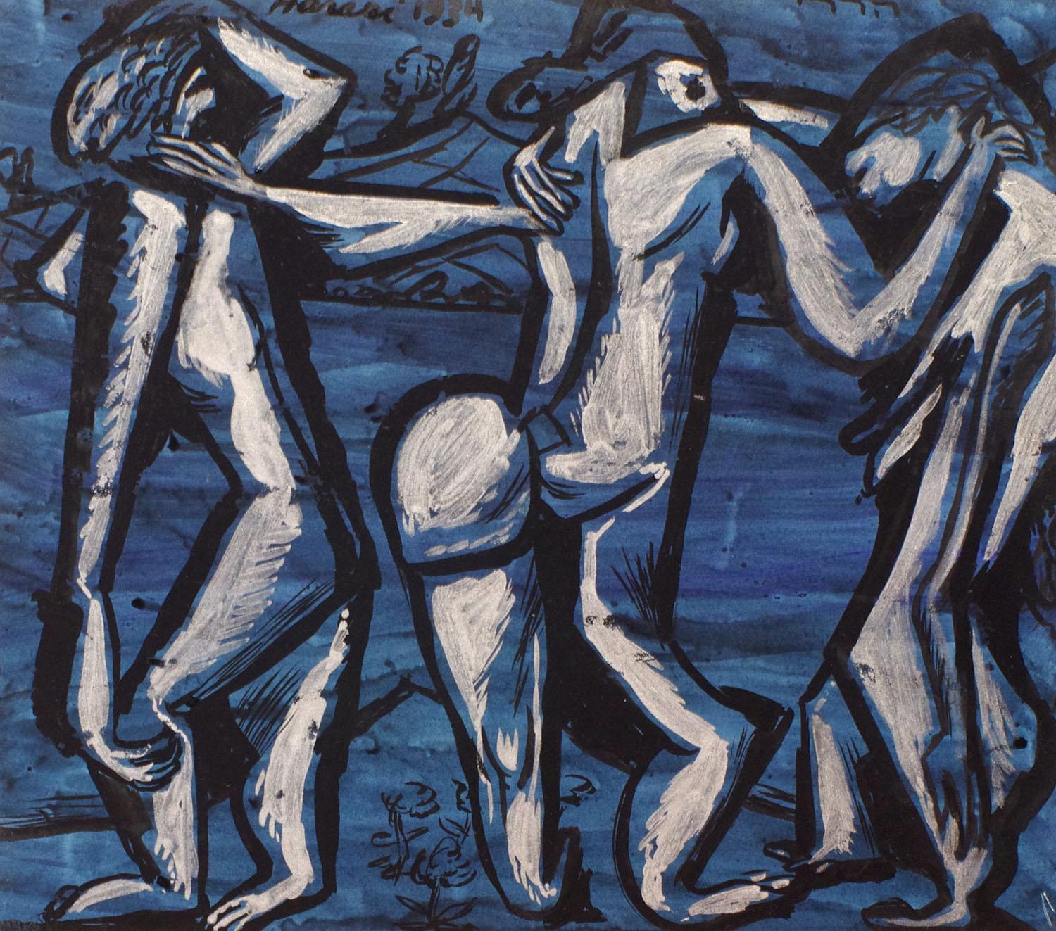 A Striking, Early Modern, Figurative Abstract Watercolor by Notable New York Avant Garde Artist, Hannah Harari (Am. 1912-2000).  Titled "Les trios graces" (The Three Graces), the artwork is watercolor and ink on paper, dating from 1934.  Artwork