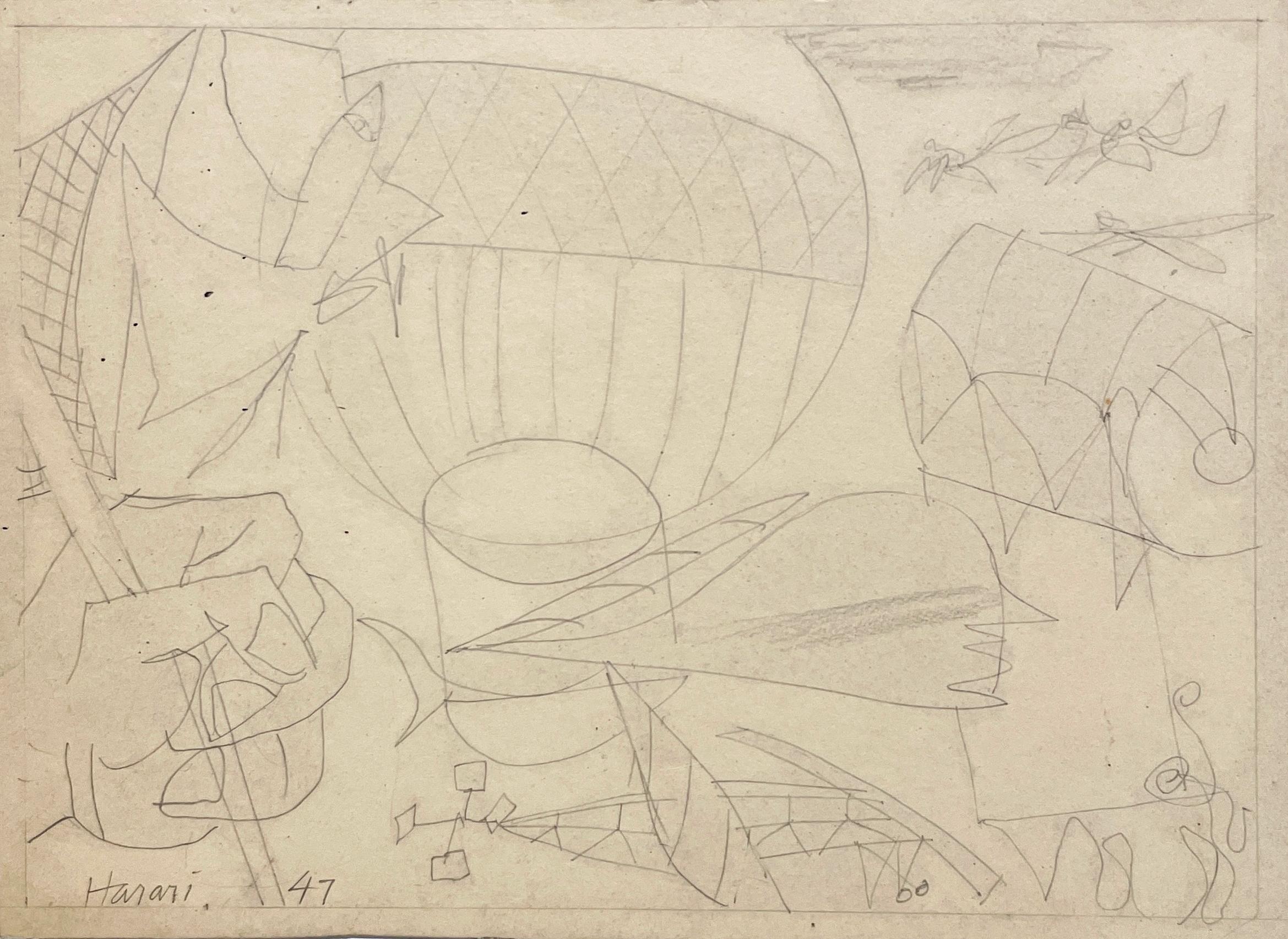 Un disegno surrealista astratto moderno degli anni '40 di Hananiah Harari, "Cieli volanti".