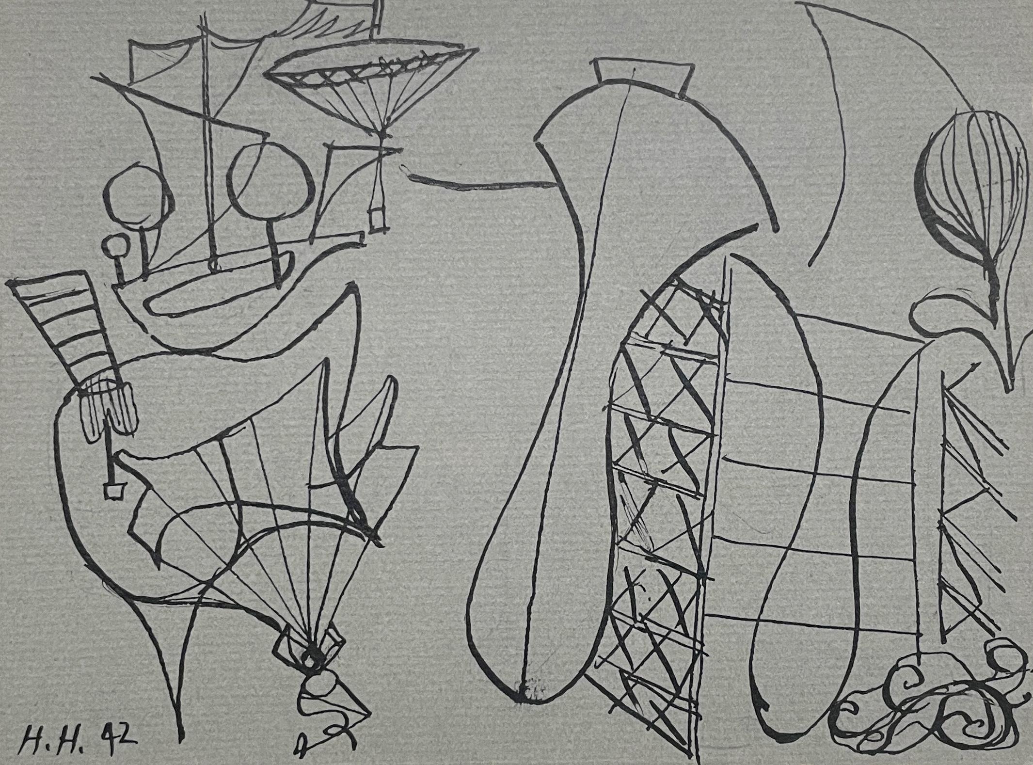 An Early 1940s Mid-Century Modern Abstract Surrealist Drawing by Hananiah Harari
