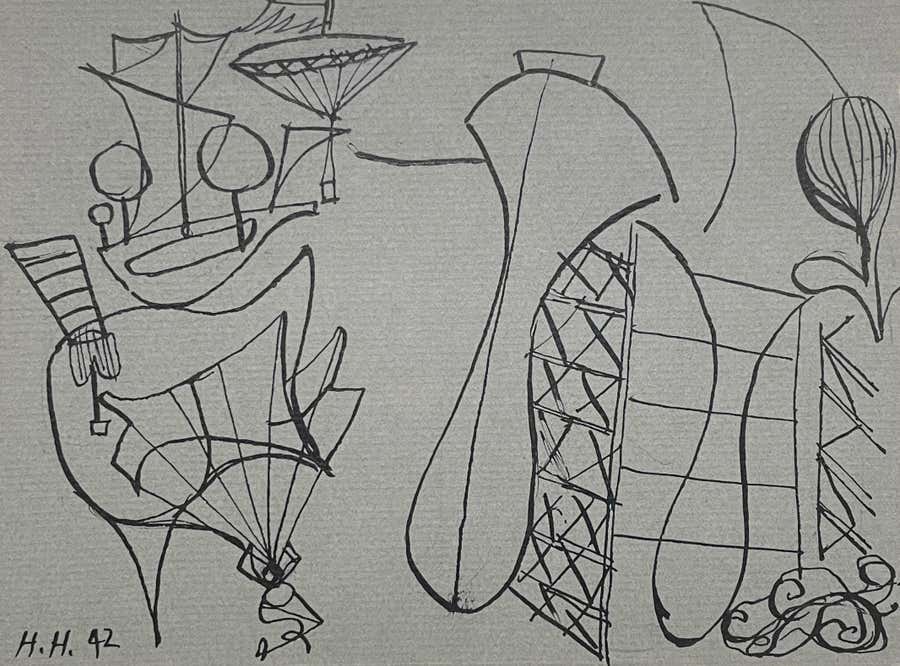 An Early 1940s Mid-Century Modern Abstract Surrealist Drawing by Hananiah Harari
