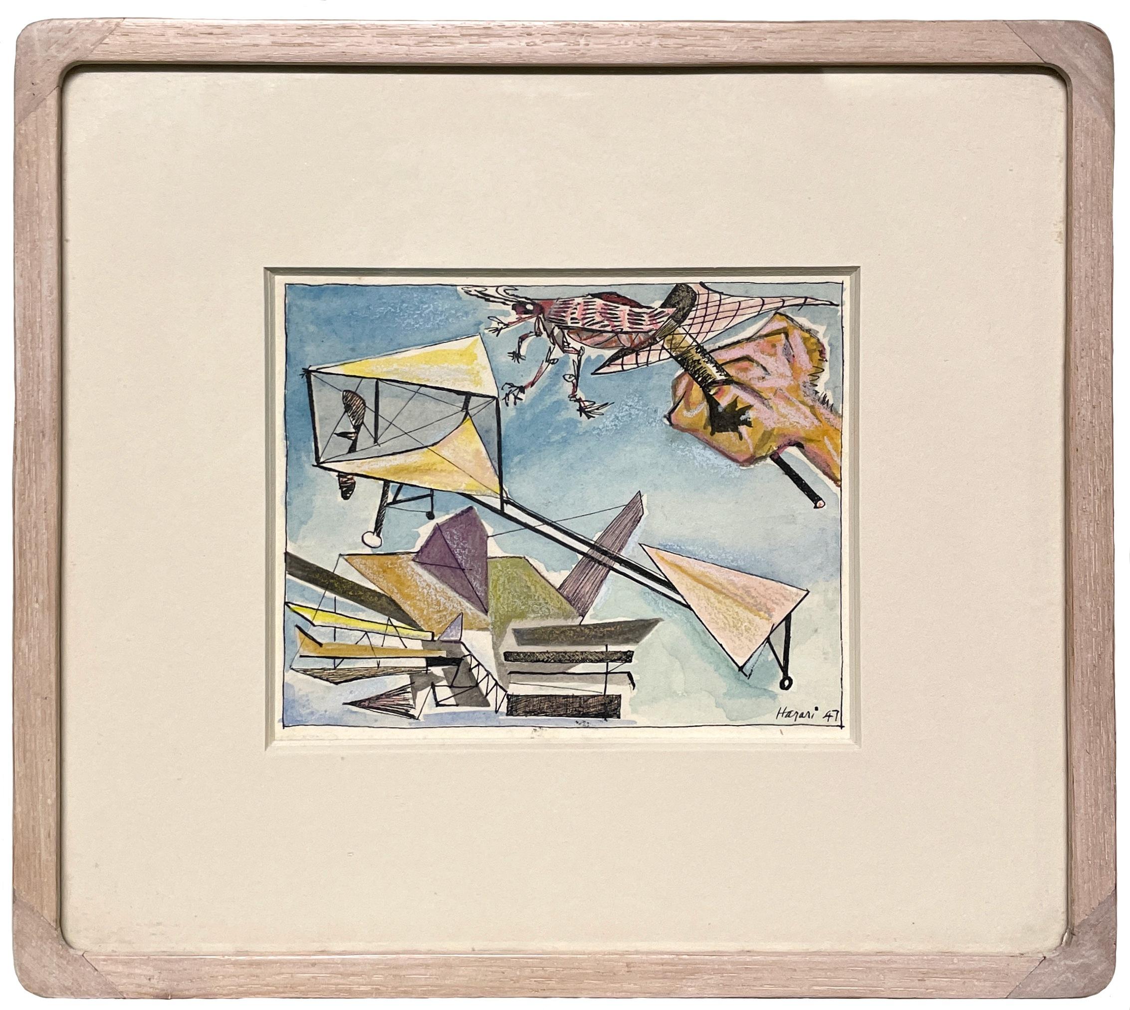 Un colorato WC astratto surrealista moderno del 1947 di Hananiah Harari, "Wings".