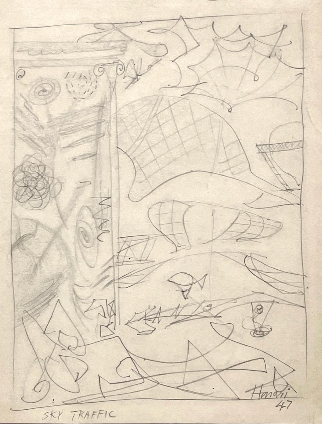 A Striking, 1940s Modern Surrealist Abstract Drawing, "Sky Traffic", by Notable New York Avant Garde Artist, Hannah Harari (Am. 1912-2000).  Graphite on paper, dating from 1947.  Artwork size: 6 1/4 x5 inches, unframed, archivally matted to 11 x 14